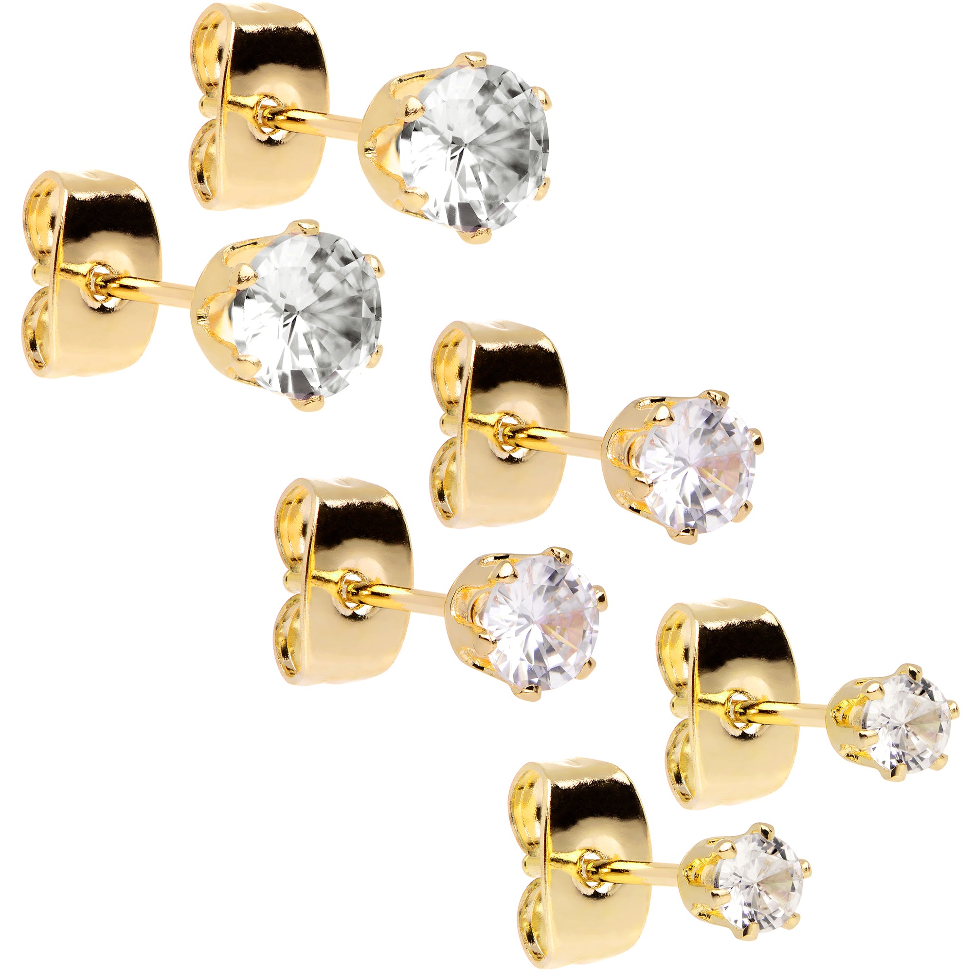 20 Gauge Clear CZ Gem Gold Tone 3mm to 5mm Post Stud Earring Set of 3