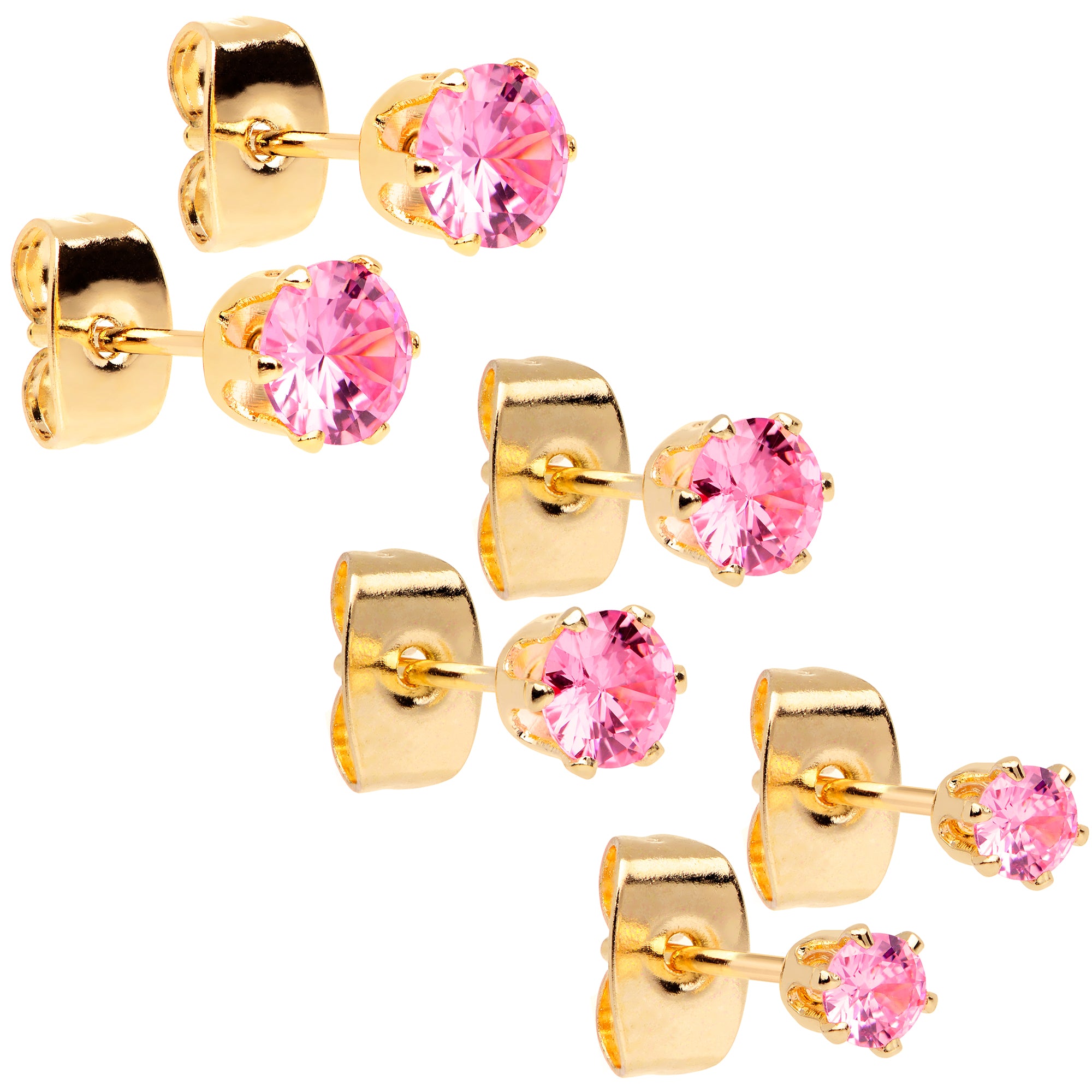 20 Gauge Pink CZ Gem Gold Tone 3mm to 5mm Post Stud Earring Set of 3