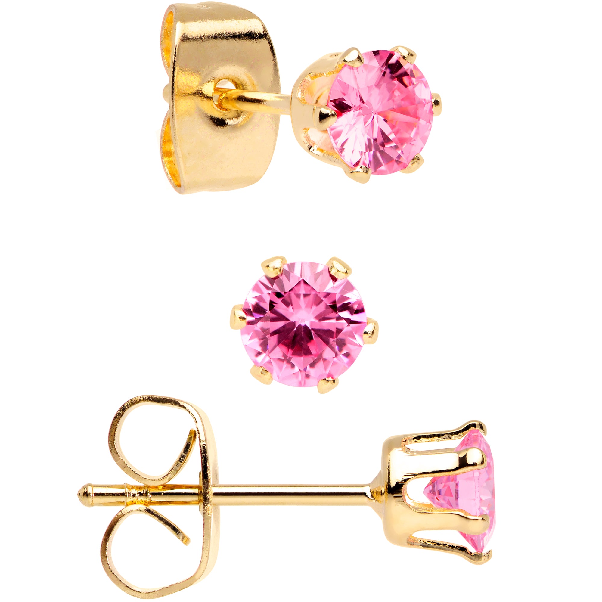 20 Gauge Pink CZ Gem Gold Tone 3mm to 5mm Post Stud Earring Set of 3