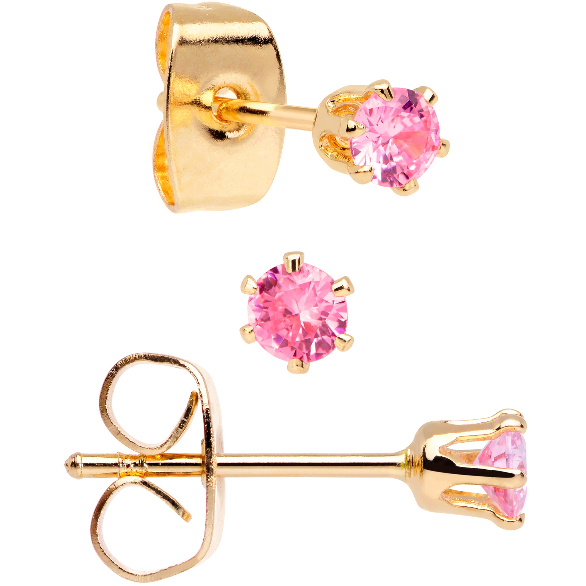 20 Gauge Pink CZ Gem Gold Tone 3mm to 5mm Post Stud Earring Set of 3