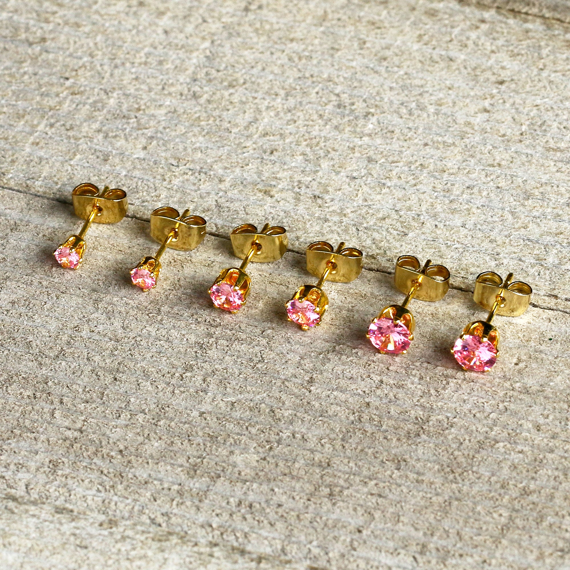 20 Gauge Pink CZ Gem Gold Tone 3mm to 5mm Post Stud Earring Set of 3