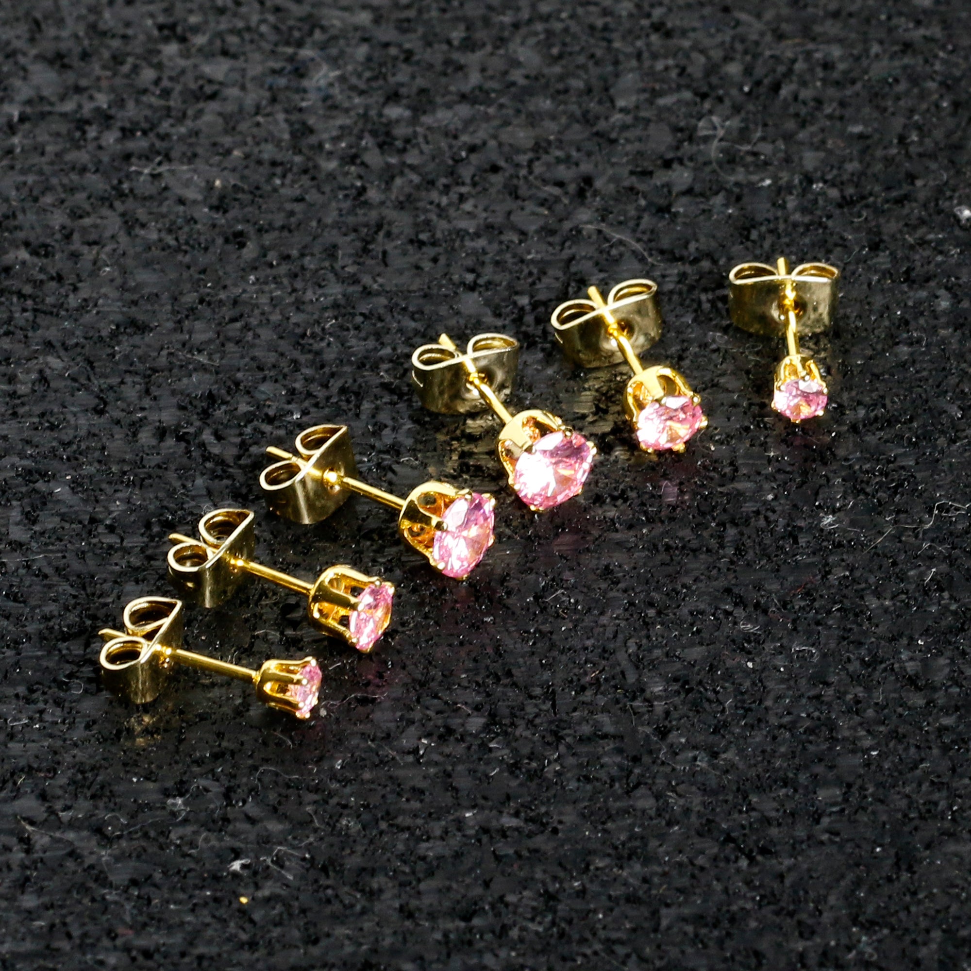 20 Gauge Pink CZ Gem Gold Tone 3mm to 5mm Post Stud Earring Set of 3