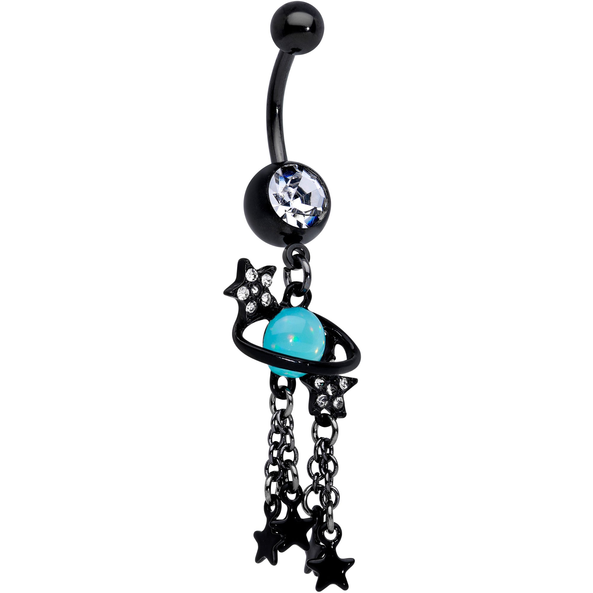 Clear Blue Gem Black Saturn Stars Dangle Belly Ring