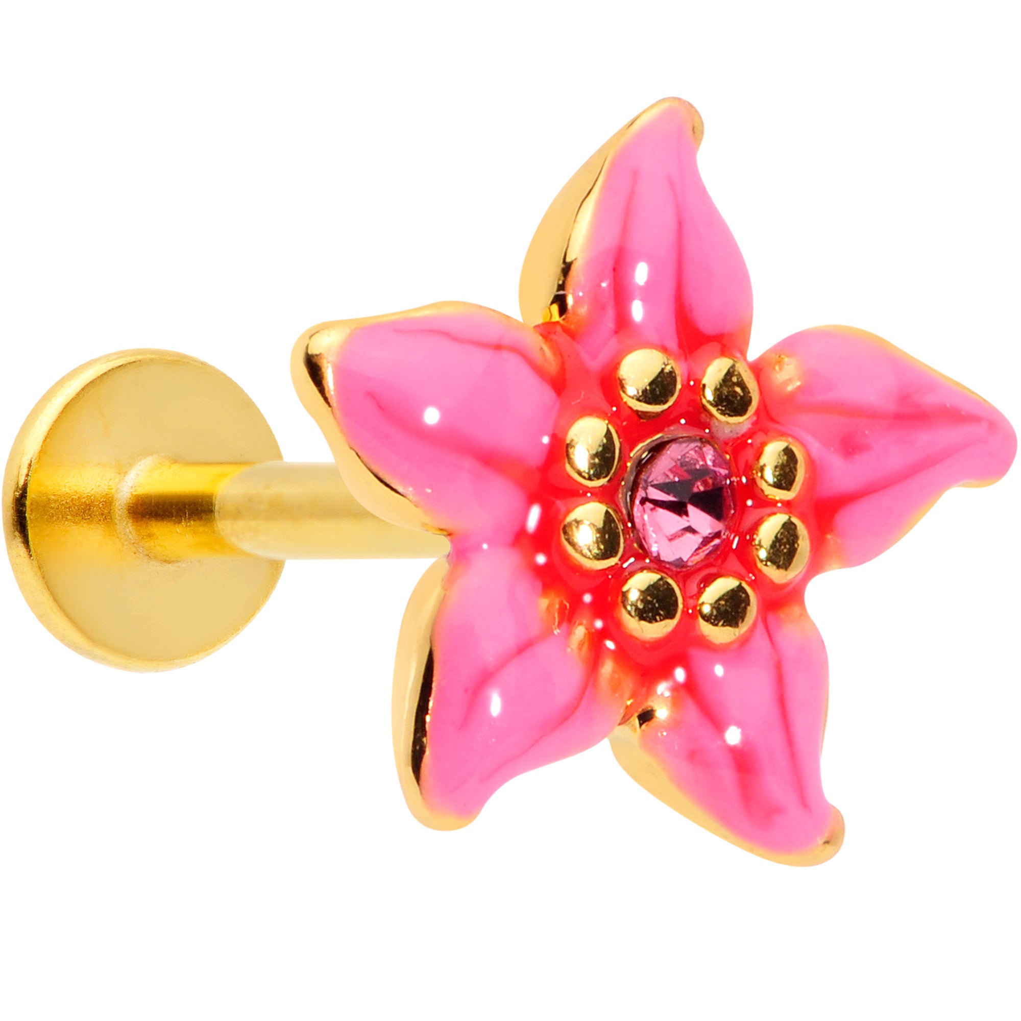 16 Gauge 5/16 Pink Gem Gold Tone Exotic Flower Labret Monroe Tragus