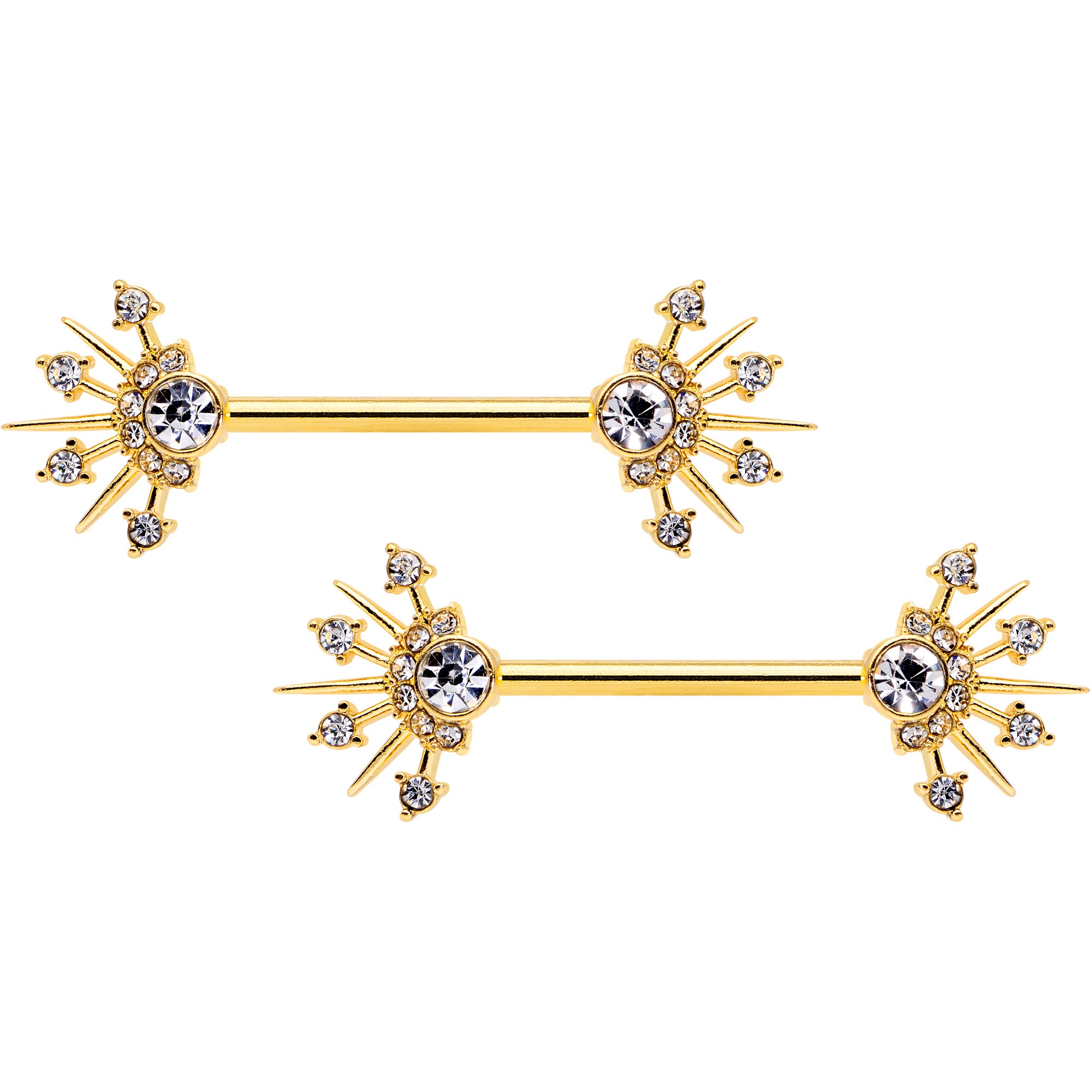 14 Gauge 5/8 Clear CZ Gem Gold Hue Elegant Crest Barbell Nipple Ring Set