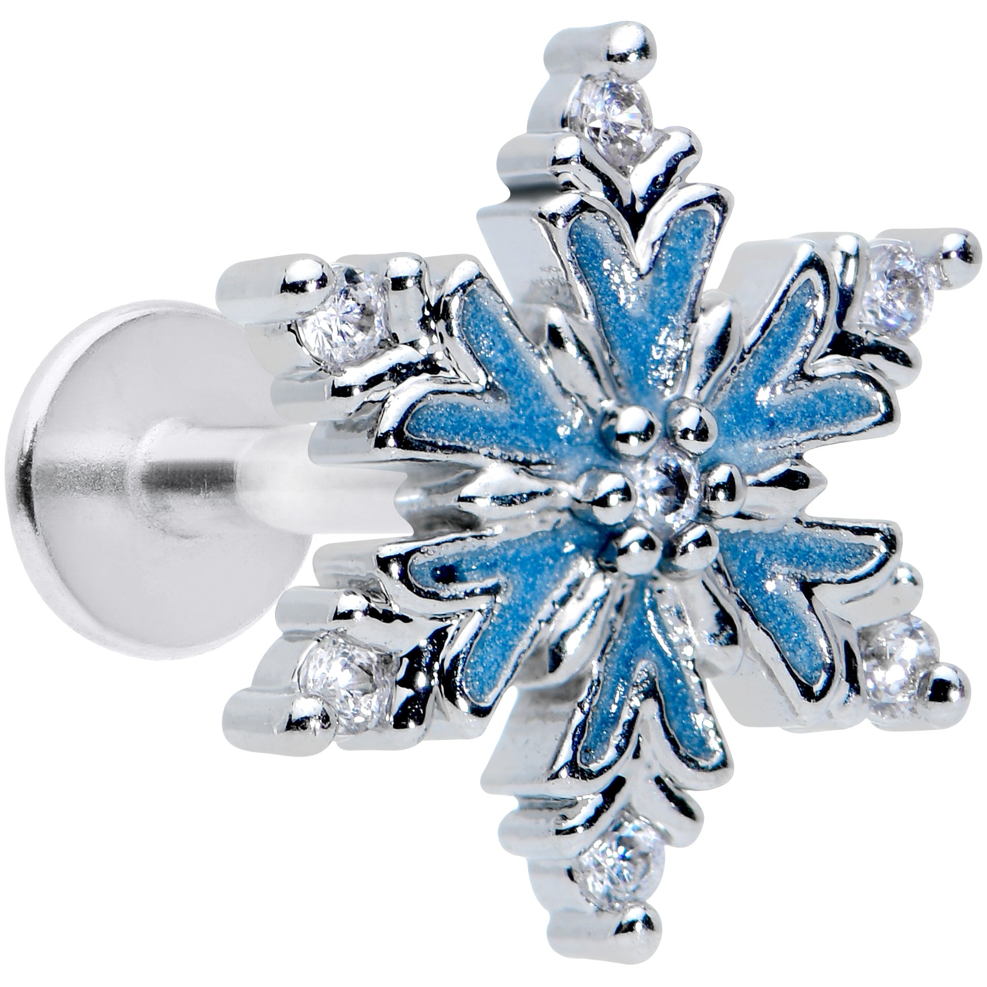 16 Gauge 5/16 Clear CZ Blue Snowflake Christmas Labret Monroe Tragus