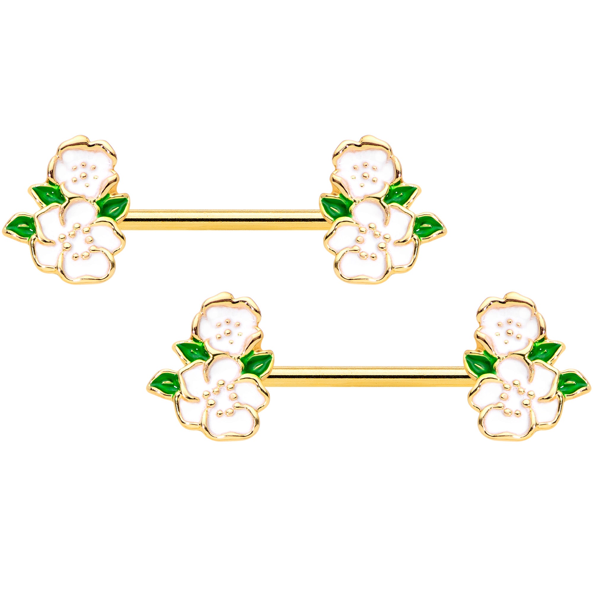 14 Gauge 9/16 Gold Tone White Spring Flower Barbell Nipple Ring Set