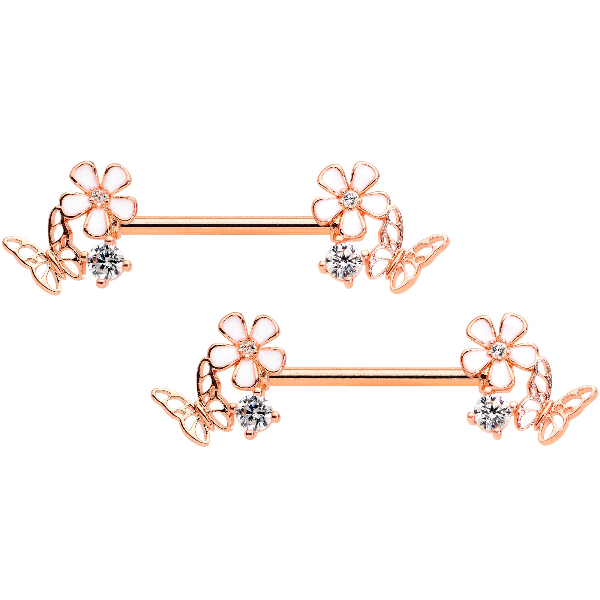 14 Gauge 9/16 Clear CZ Gem Rose Gold Tone Butterfly Nipple Ring Set