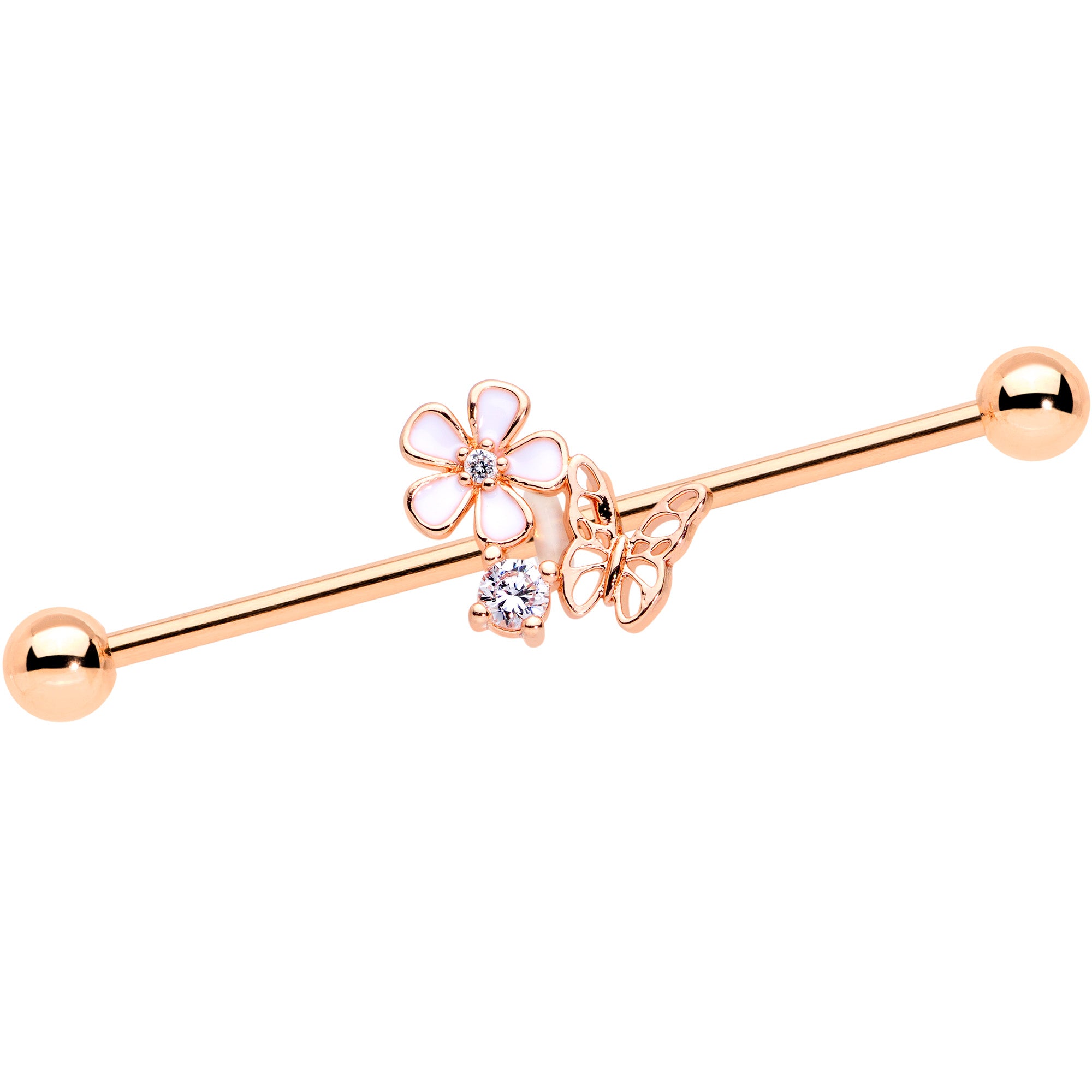 14 Gauge Clear CZ Gem Rose Gold Tone Butterfly Industrial Barbell 38mm