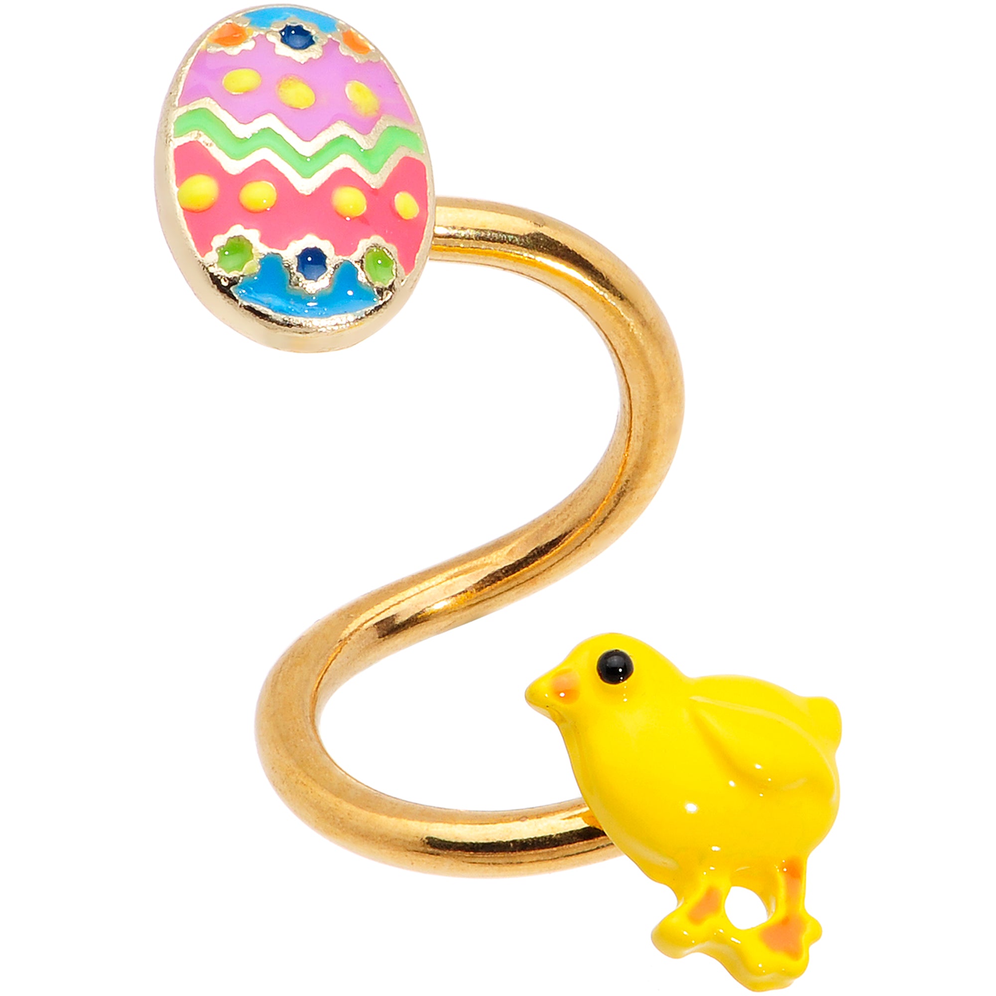 Gold Tone Funky Easter Egg and Chick Spiral Twister Belly Ring