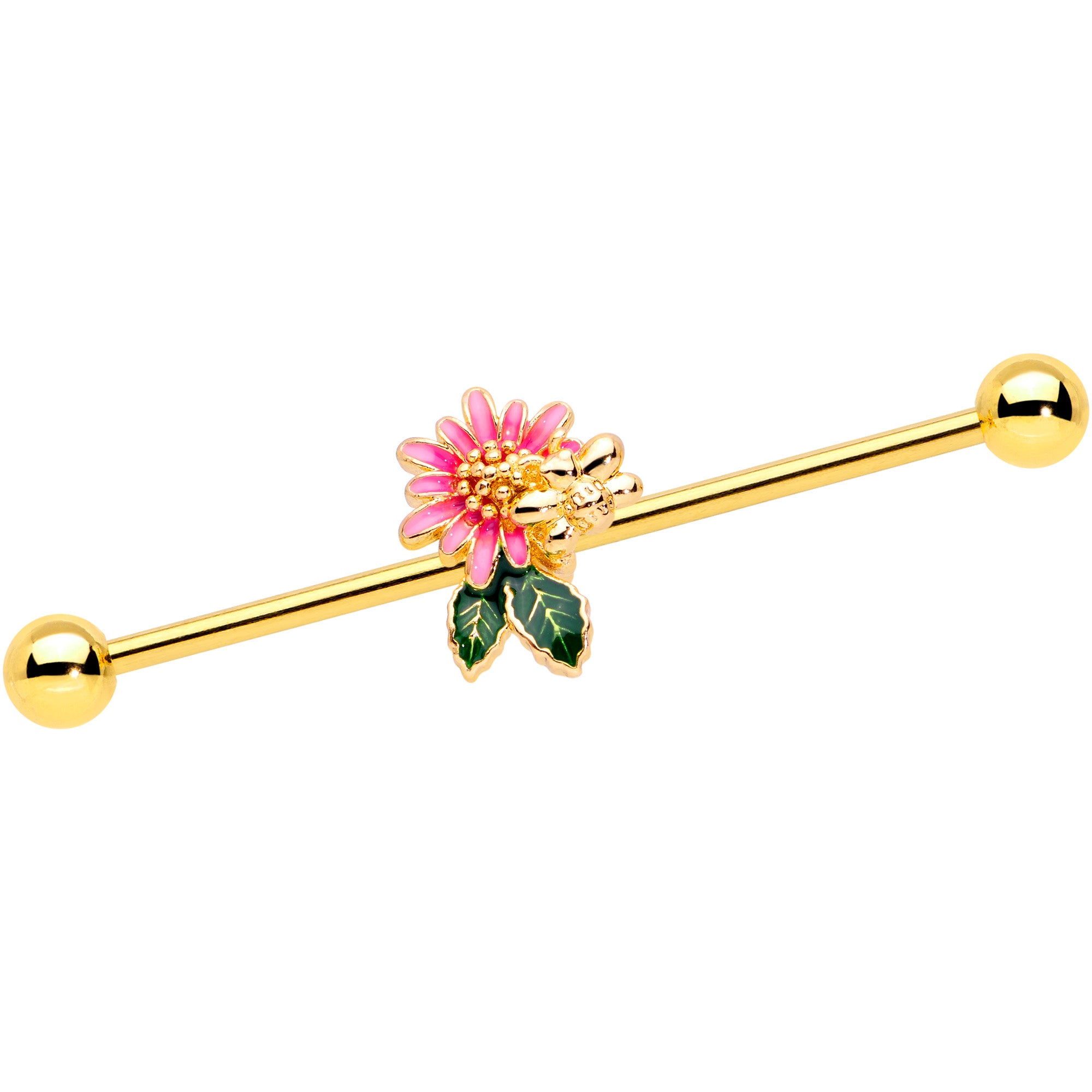 14 Gauge Gold Tone Pink Flower Bee Industrial Barbell 38mm