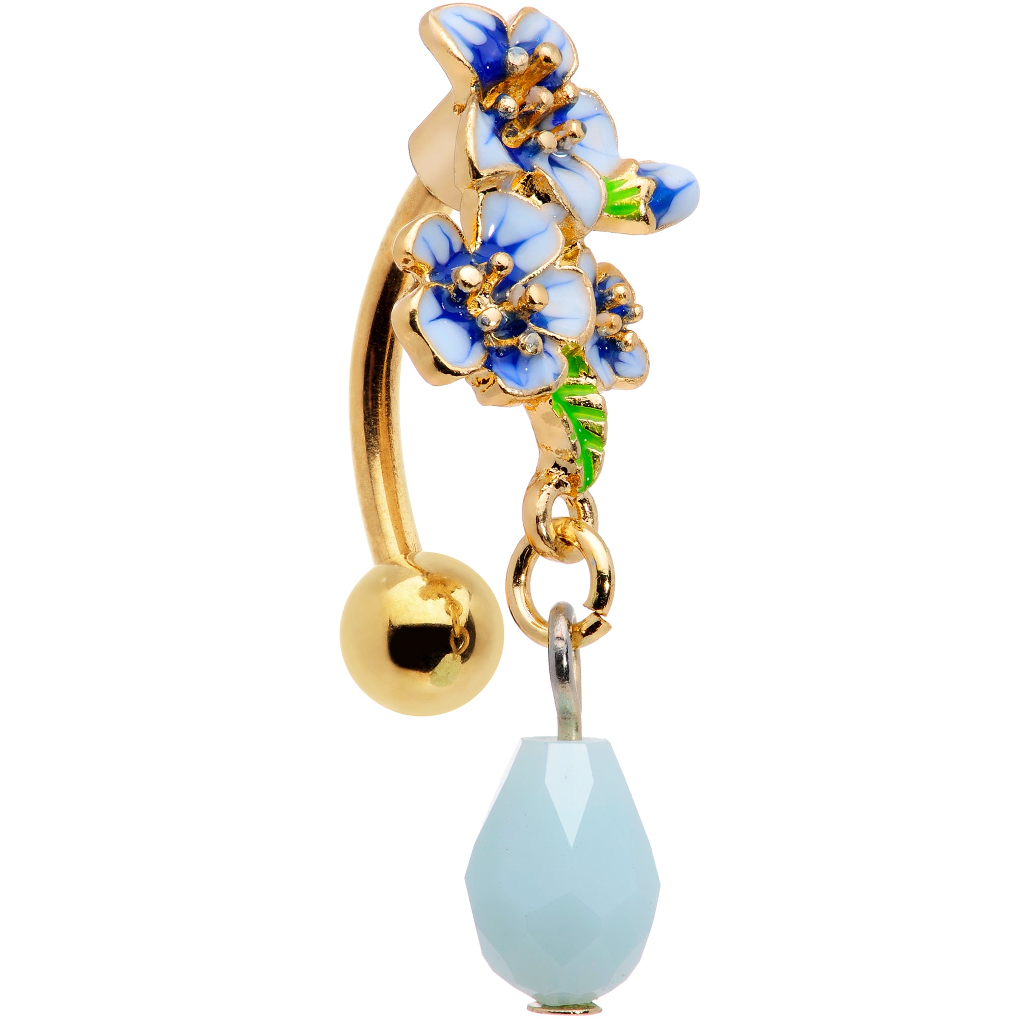 Gold Tone White Blue Flower Bauble Dangle Top Mount Belly Ring