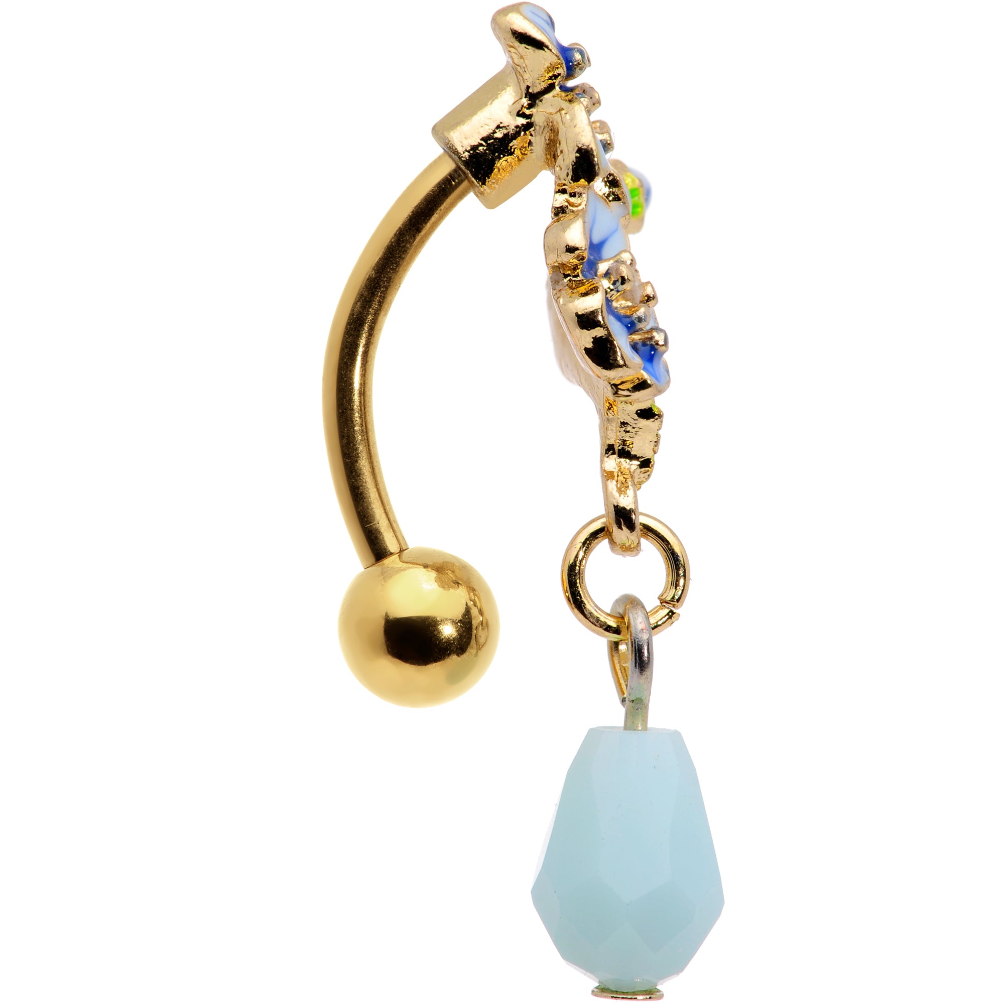 Gold Tone White Blue Flower Bauble Dangle Top Mount Belly Ring