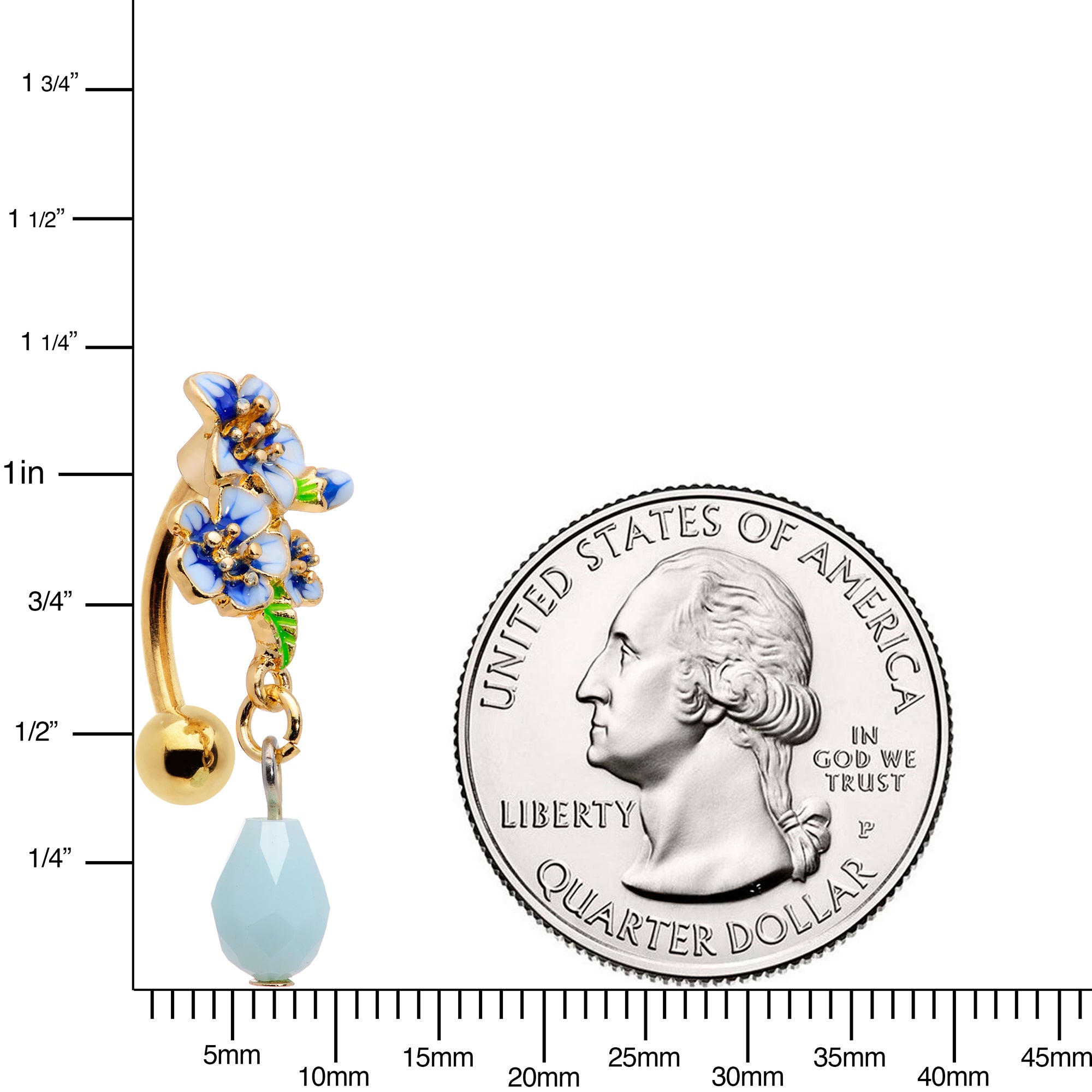 Gold Tone White Blue Flower Bauble Dangle Top Mount Belly Ring