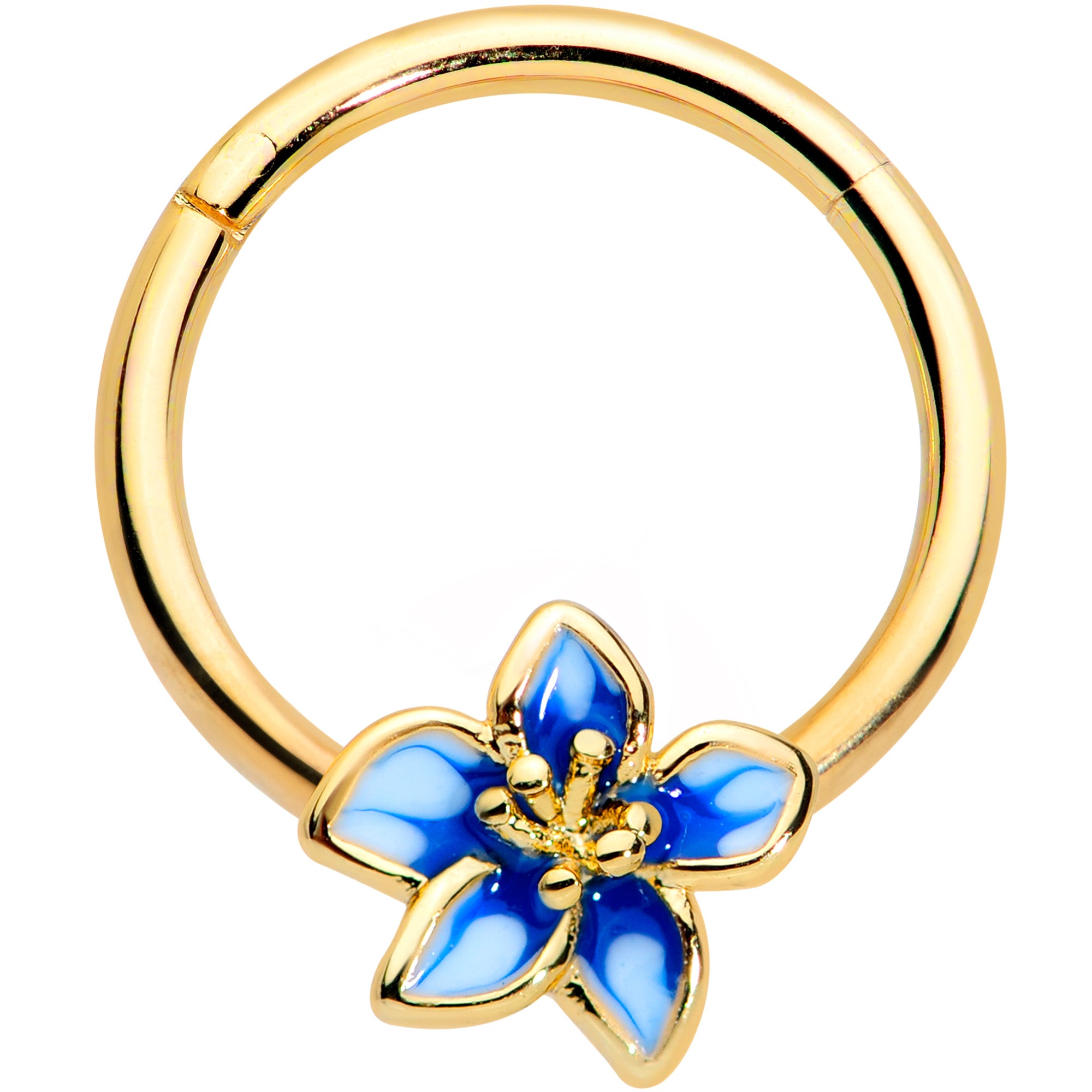 16 Gauge 3/8 Gold Tone White Blue Flower Hinged Segment Ring