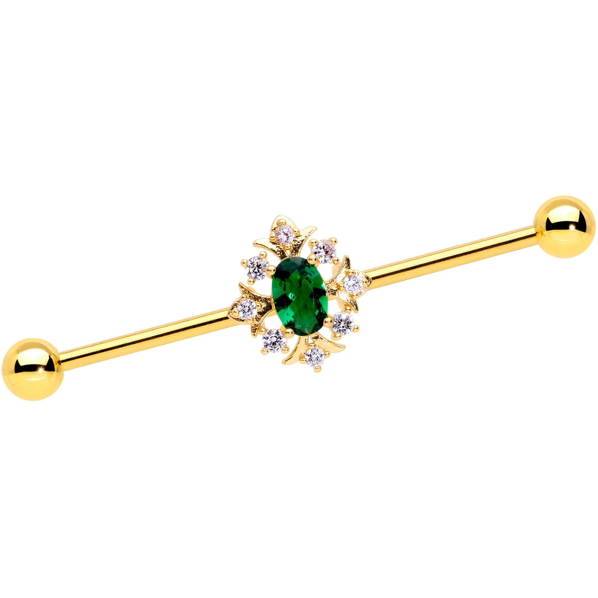 14 Gauge Green Gem Gold Tone Oval Sunburst Industrial Barbell 38mm