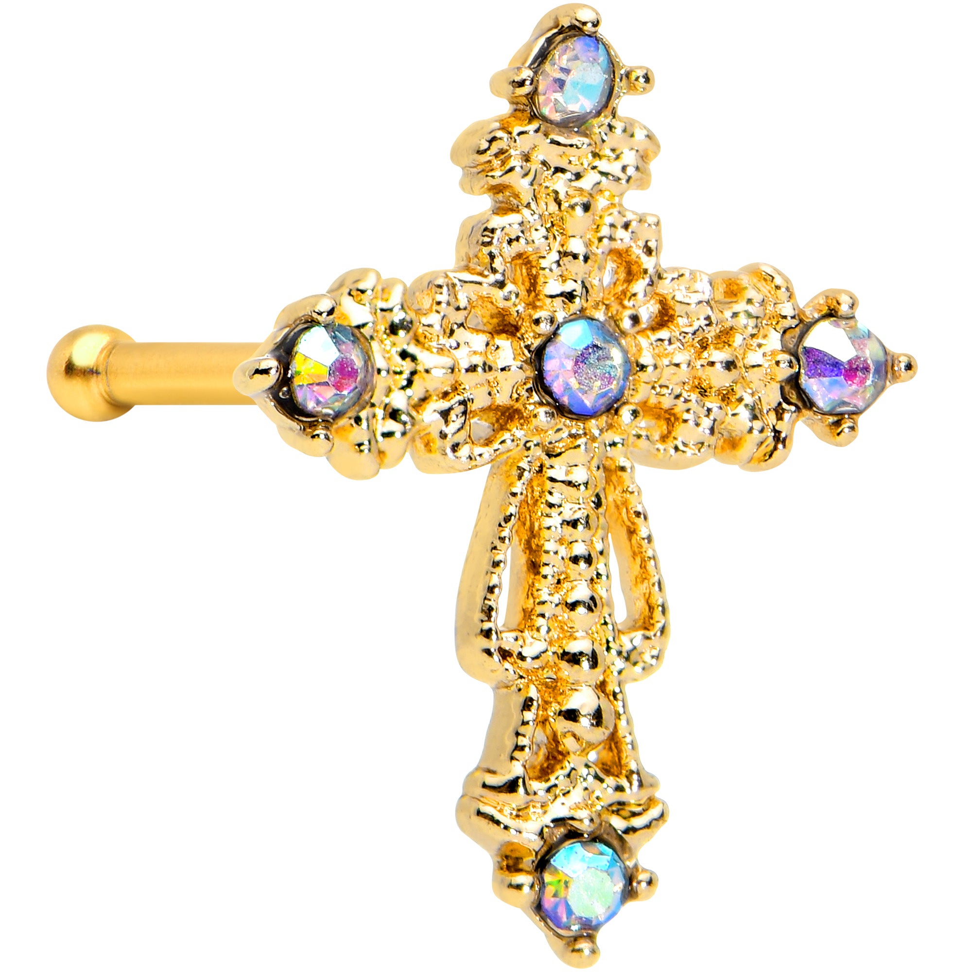 20 Gauge 1/4 Aurora CZ Gem Gold Tone Subtle Cross Nose Bone