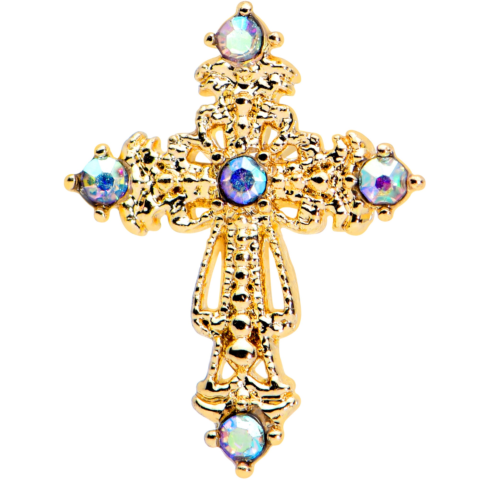 20 Gauge 1/4 Aurora CZ Gem Gold Tone Subtle Cross Nose Bone