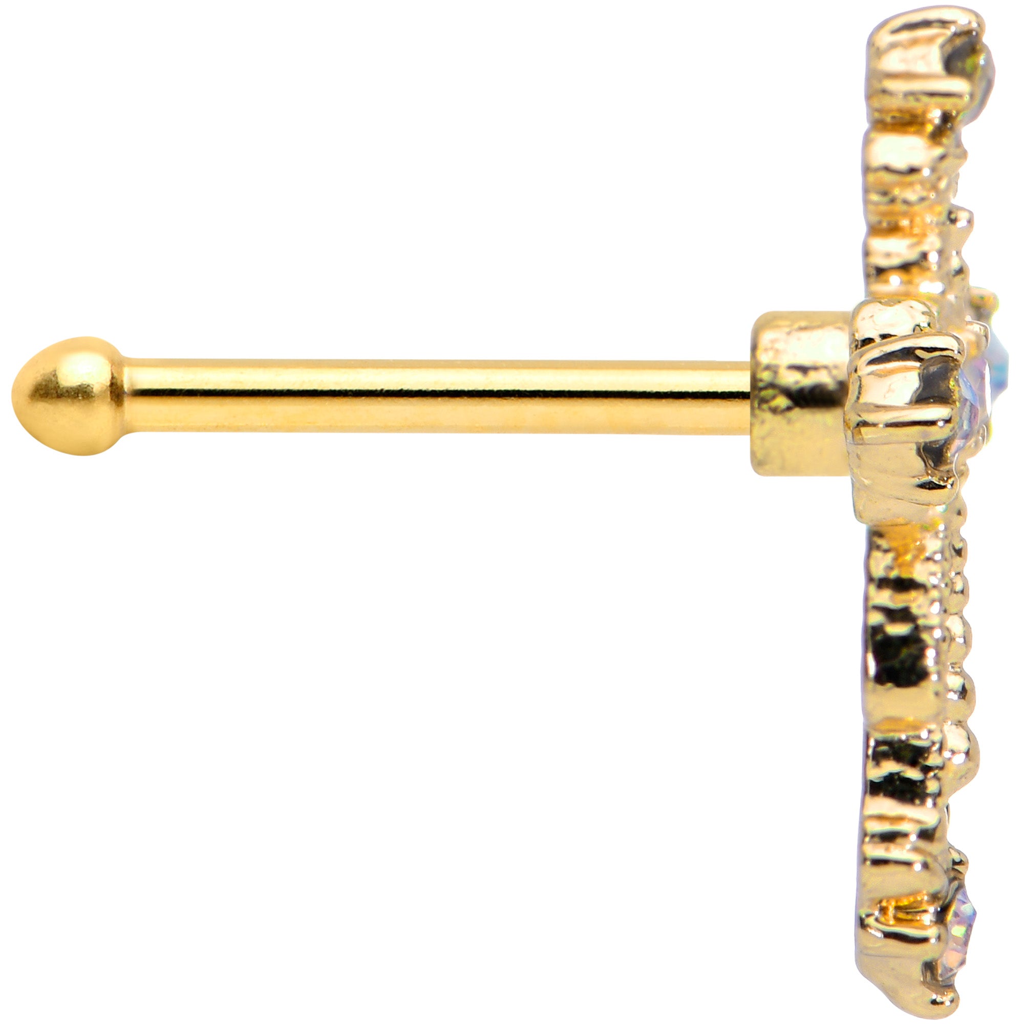 20 Gauge 1/4 Aurora CZ Gem Gold Tone Subtle Cross Nose Bone