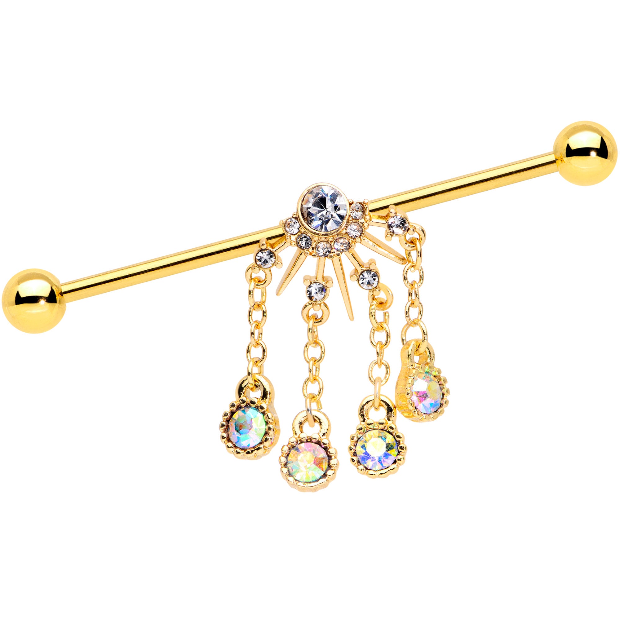 14 Gauge Clear CZ Gem Gold Tone Elegant Dangle Industrial Barbell 38mm