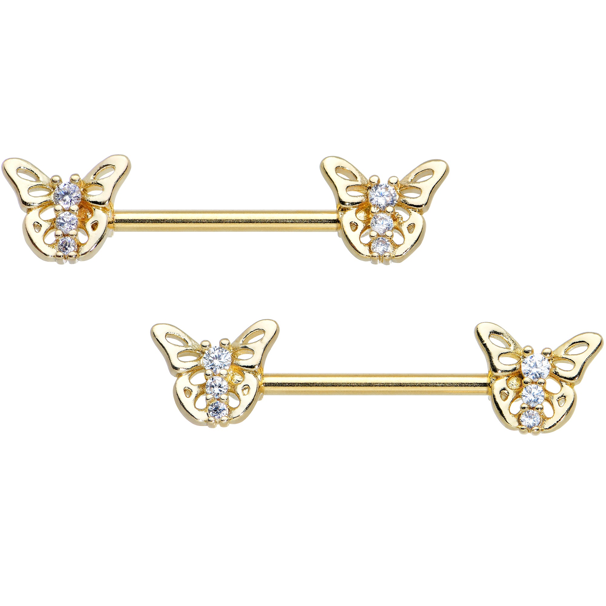 14 Gauge 9/16 Clear CZ Gem Gold Tone Open Butterfly Nipple Ring Set