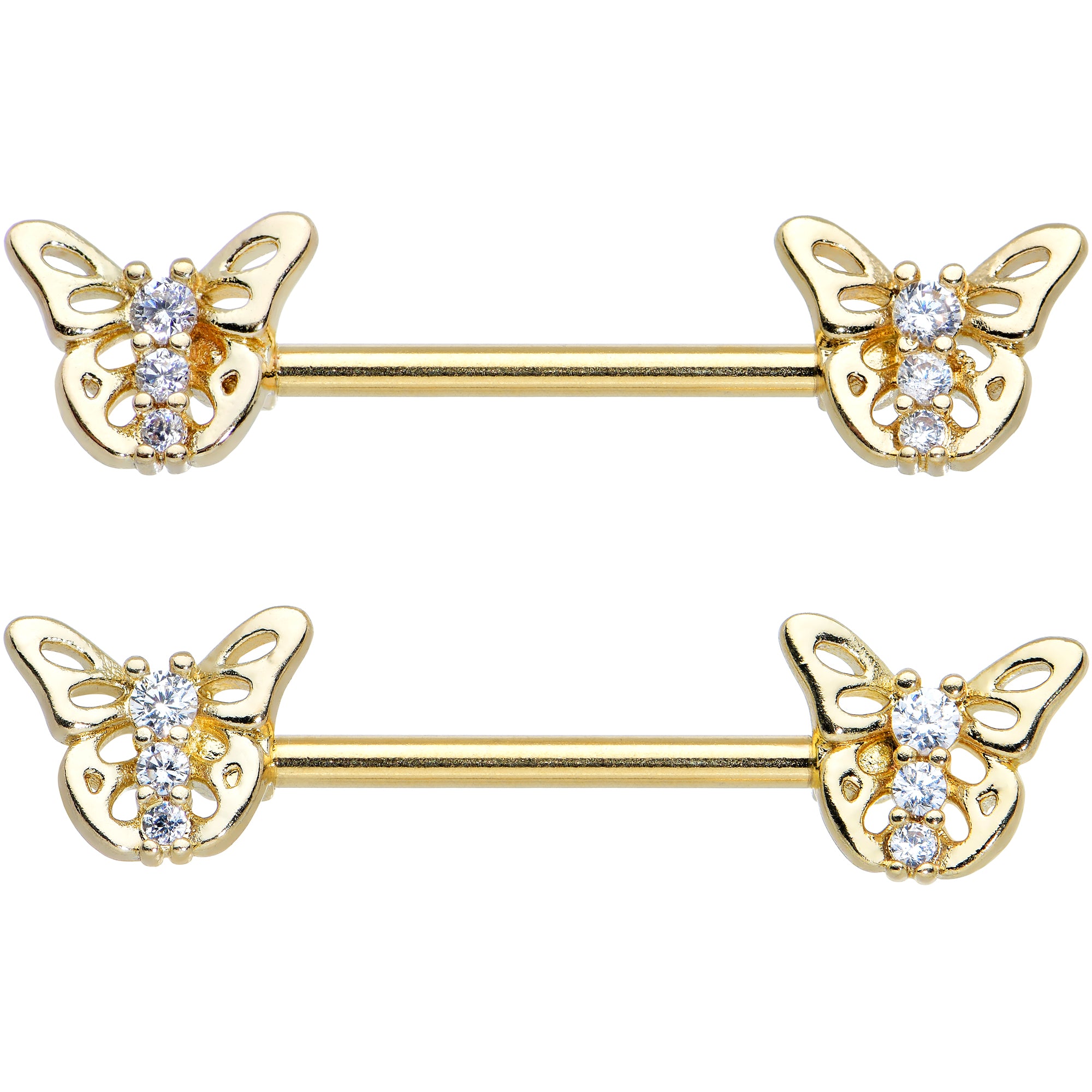 14 Gauge 9/16 Clear CZ Gem Gold Tone Open Butterfly Nipple Ring Set