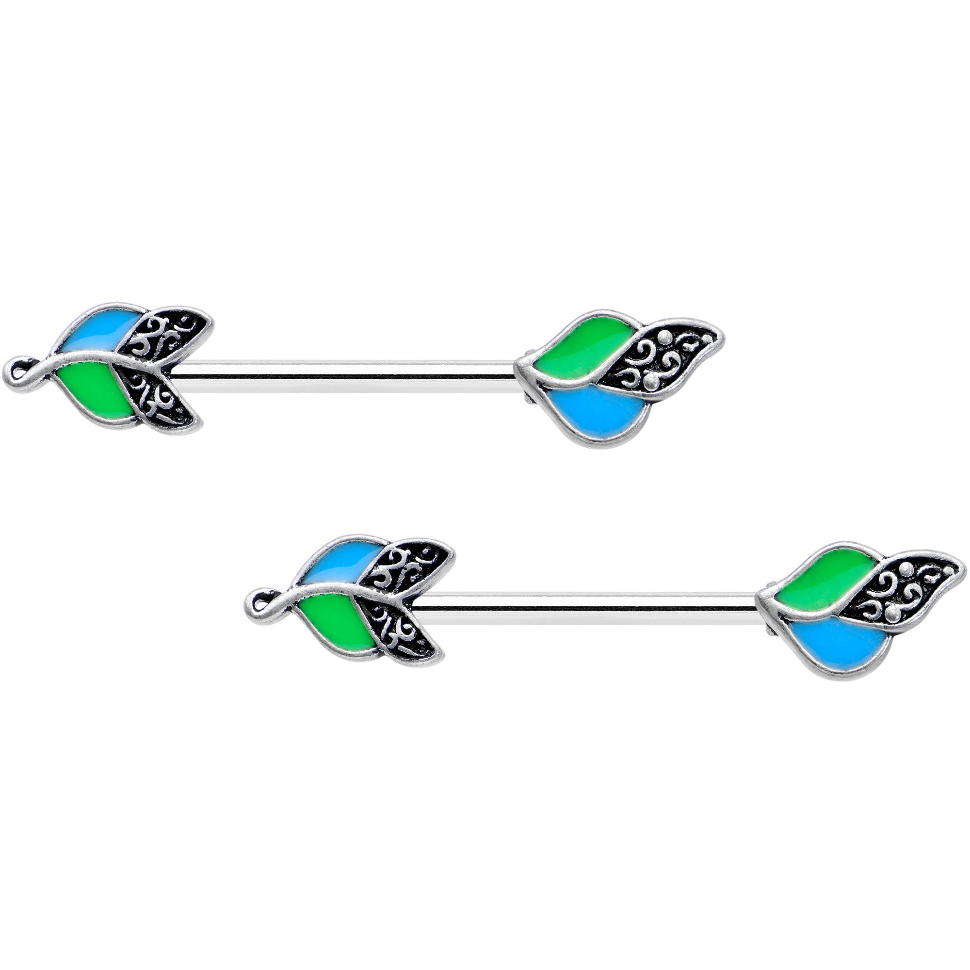 14 Gauge 9/16 Filigree Blue Green Leaves Barbell Nipple Ring Set