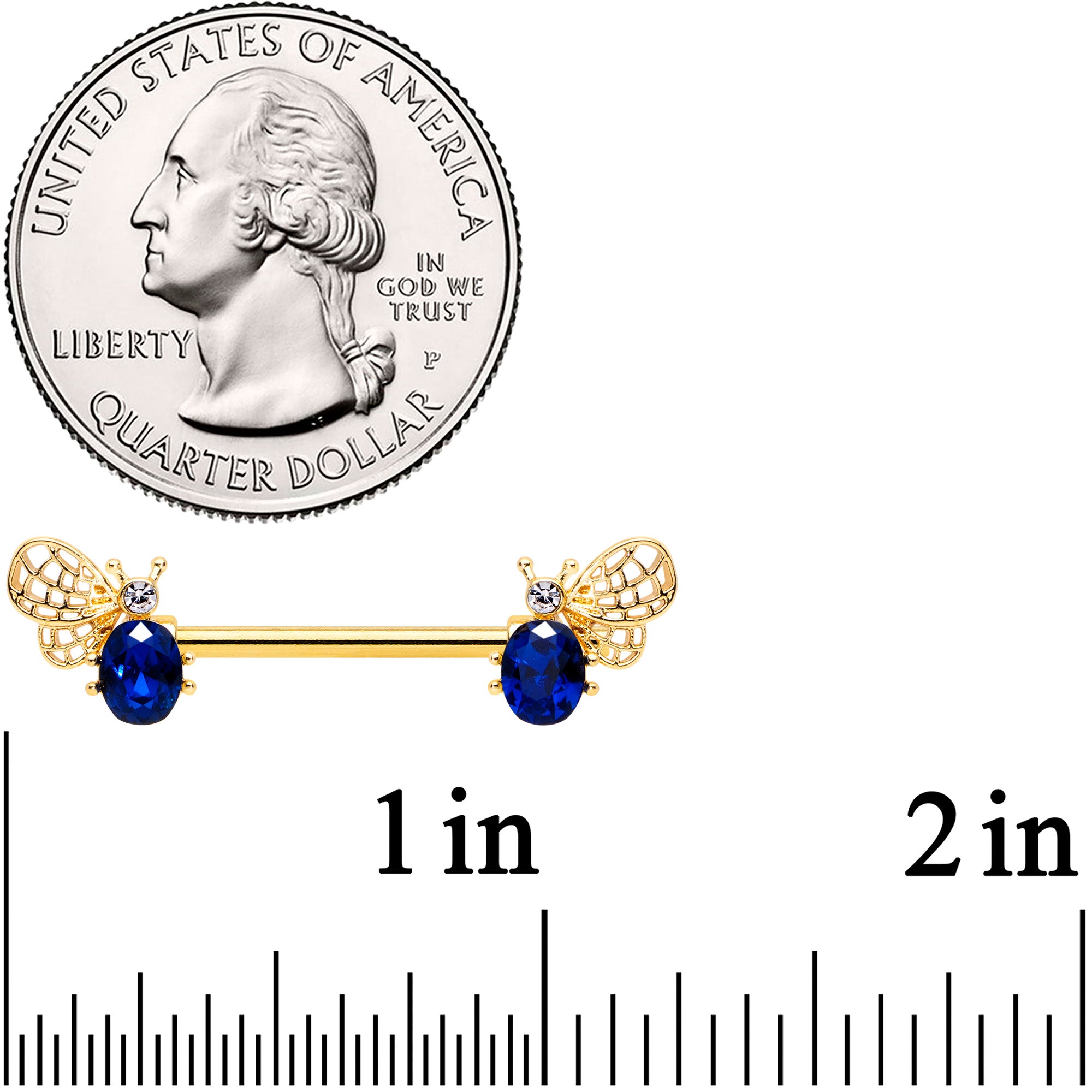 14 Gauge 9/16 Blue Gem Gold Tone Beautiful Bee Barbell Nipple Ring Set