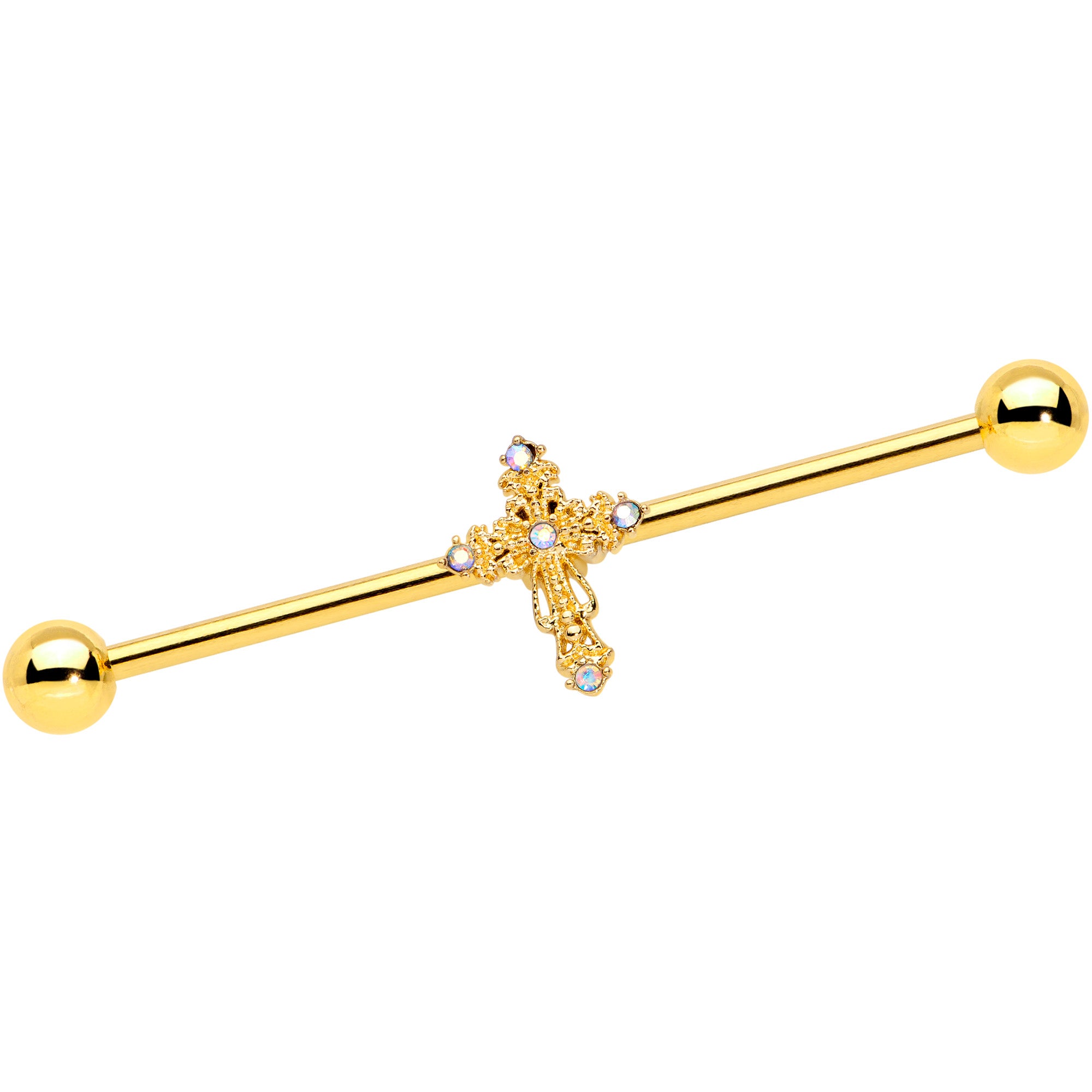 14 Gauge Clear CZ Gem Gold Tone Cross Industrial Barbell 38mm