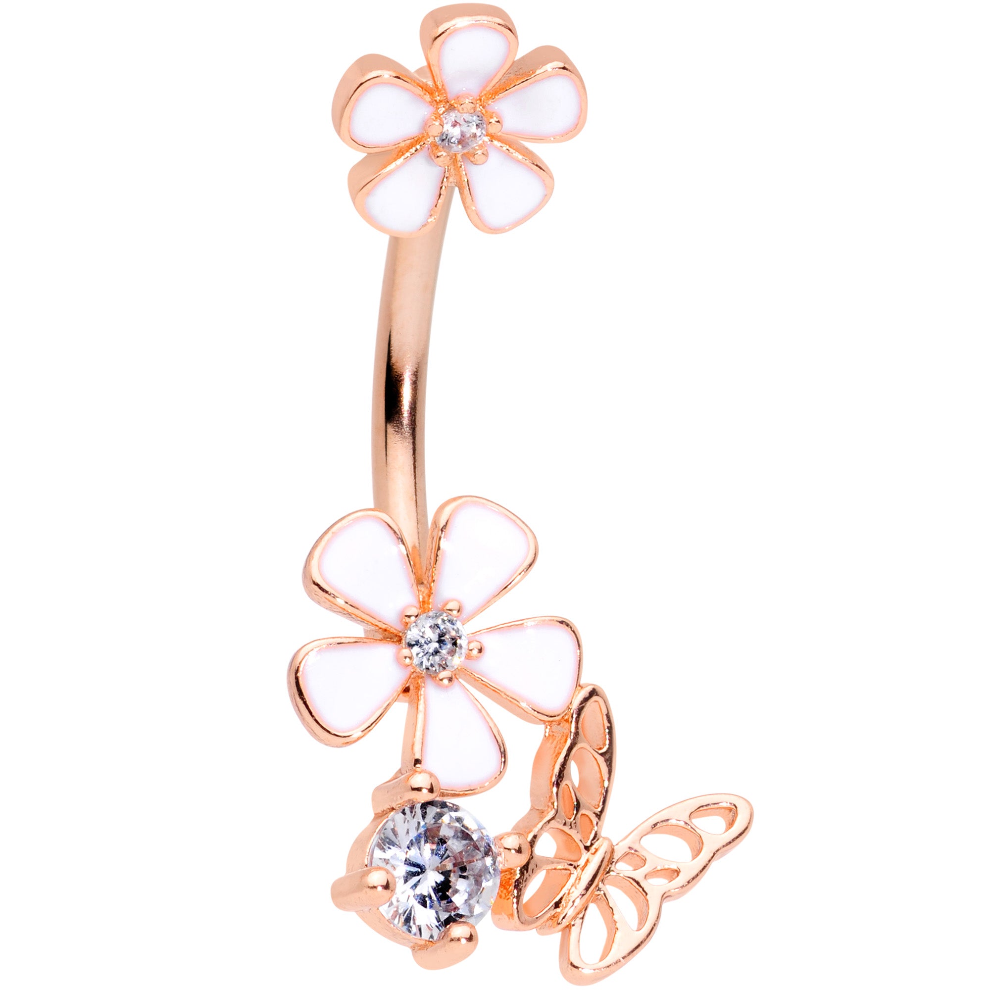 Clear CZ Gem Rose Gold Tone Butterfly Lovely Flowers Belly Ring