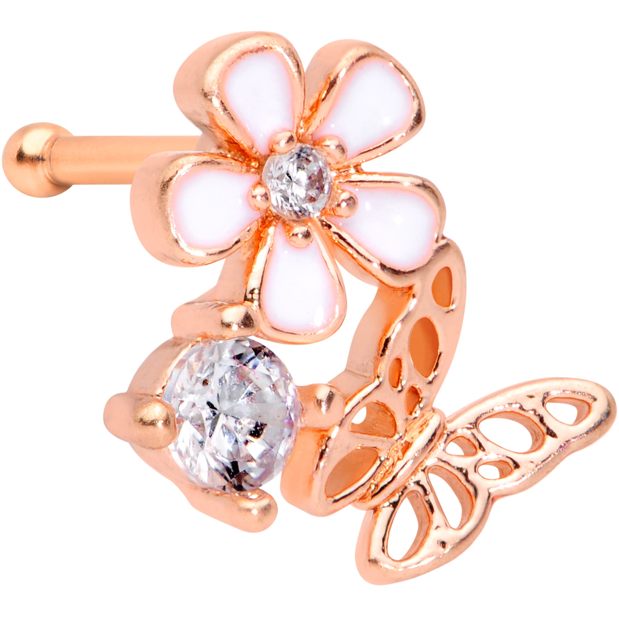 20 Gauge 1/4 Clear CZ Gem Rose Gold Tone Butterfly Flower Nose Bone