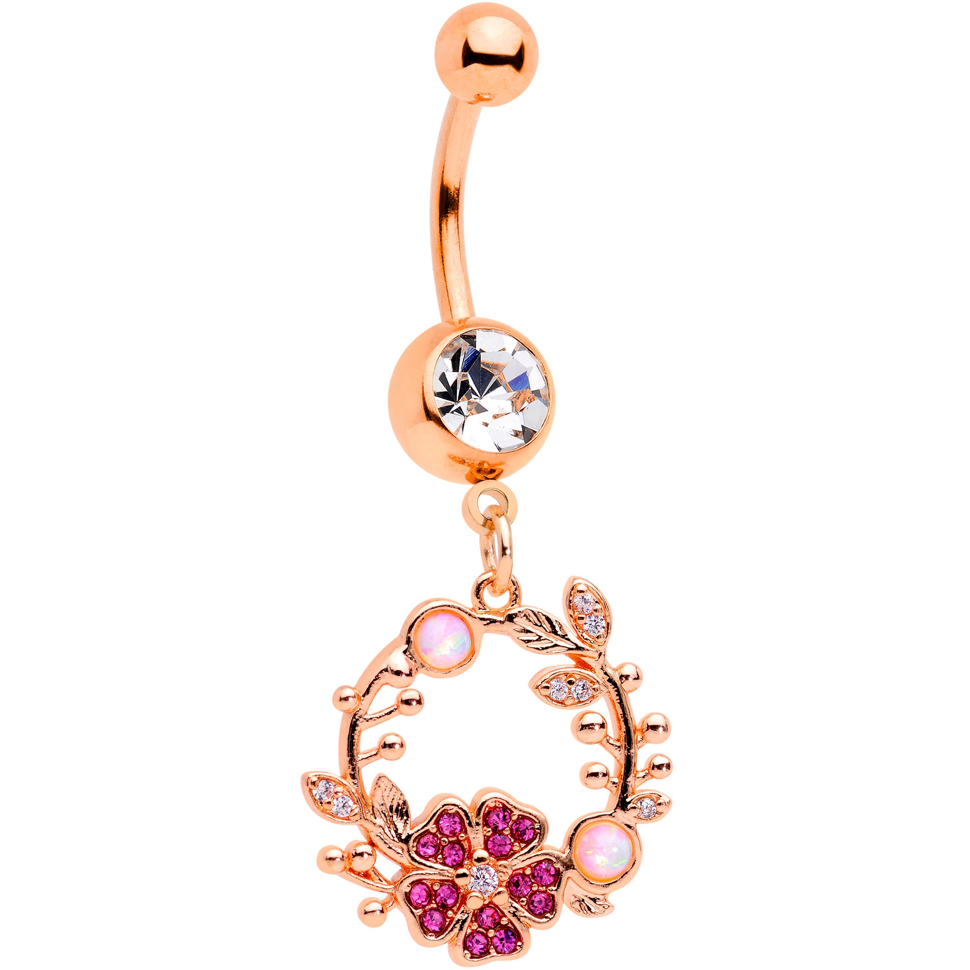 White Synthetic Opal Rose Gold Tone Pink Flower Dangle Belly Ring