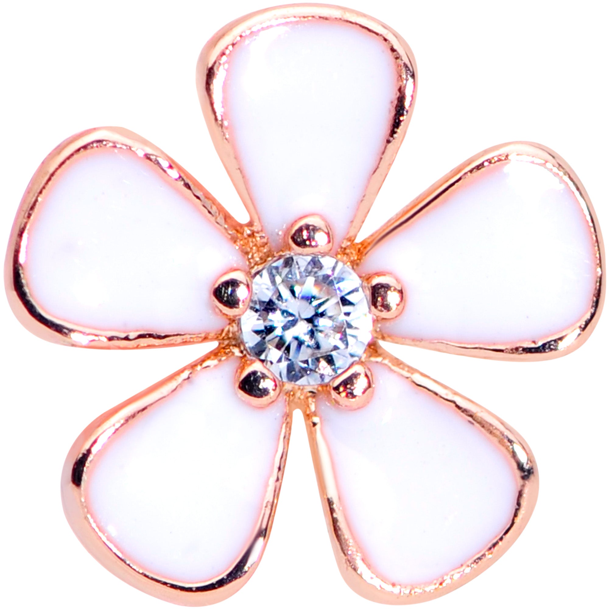 16 Gauge 5/16 Clear CZ Gem Rose Gold Tone White Flower Labret Tragus