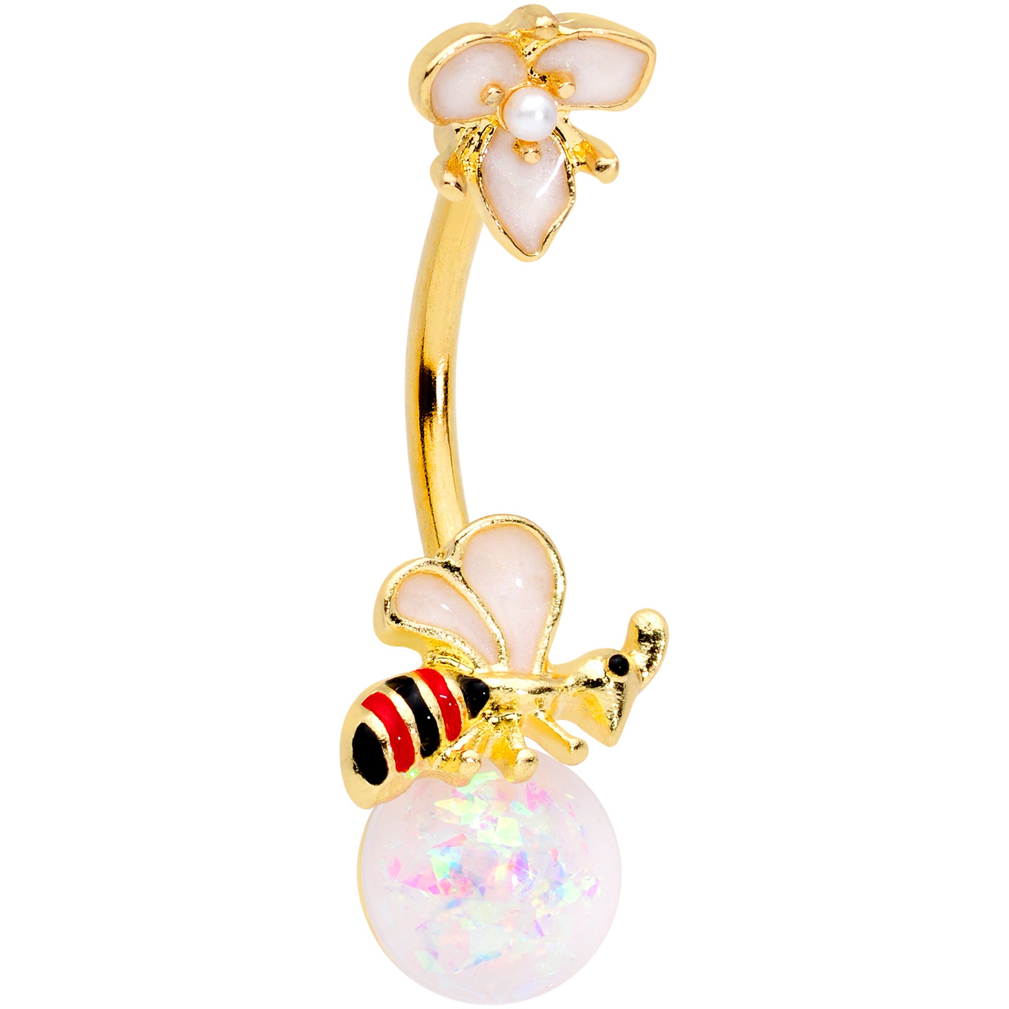 White Faux Opal Gold Tone Insect Flower Belly Ring