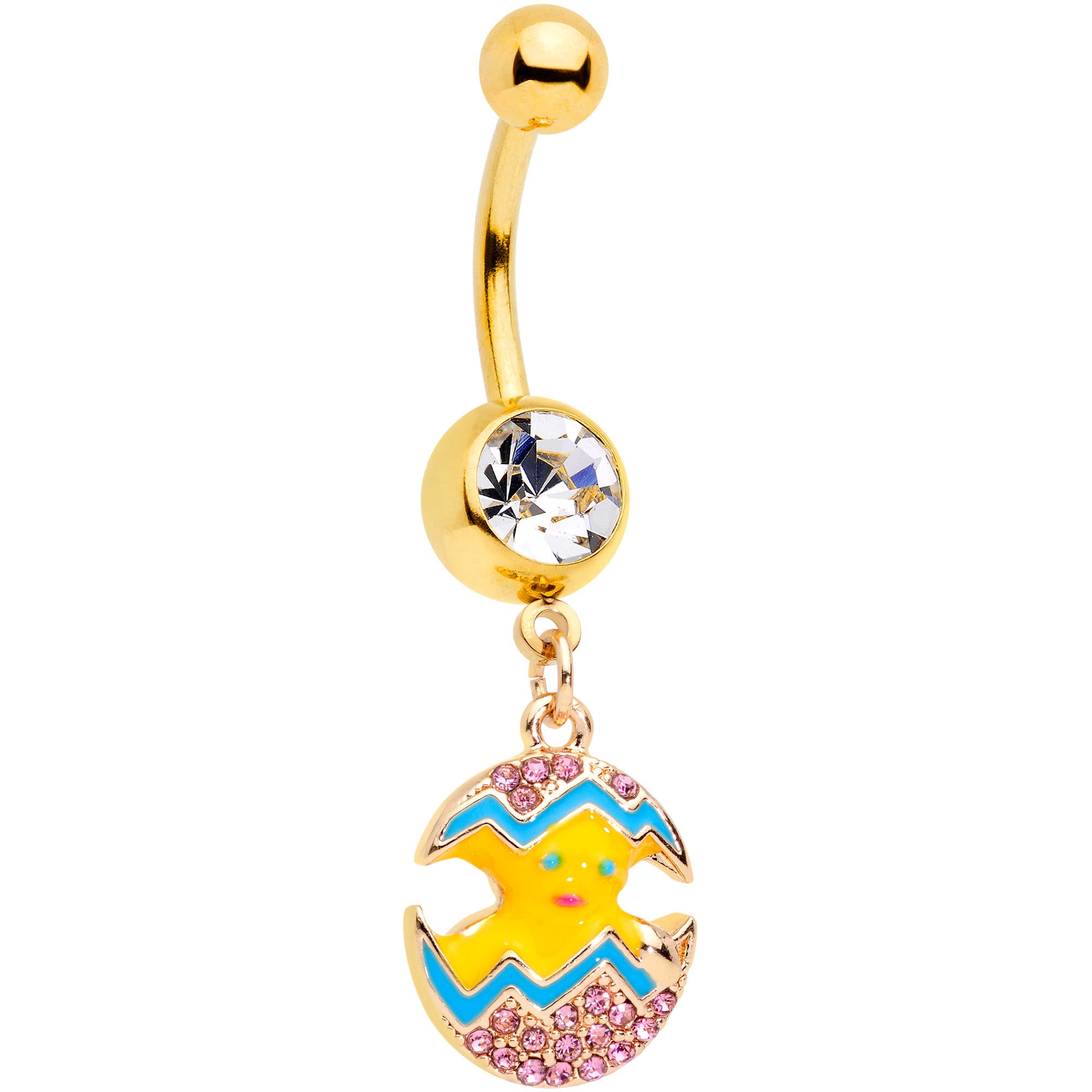 Clear Gem Gold Tone Funky Painted Easter Egg Chick Dangle Belly Ring