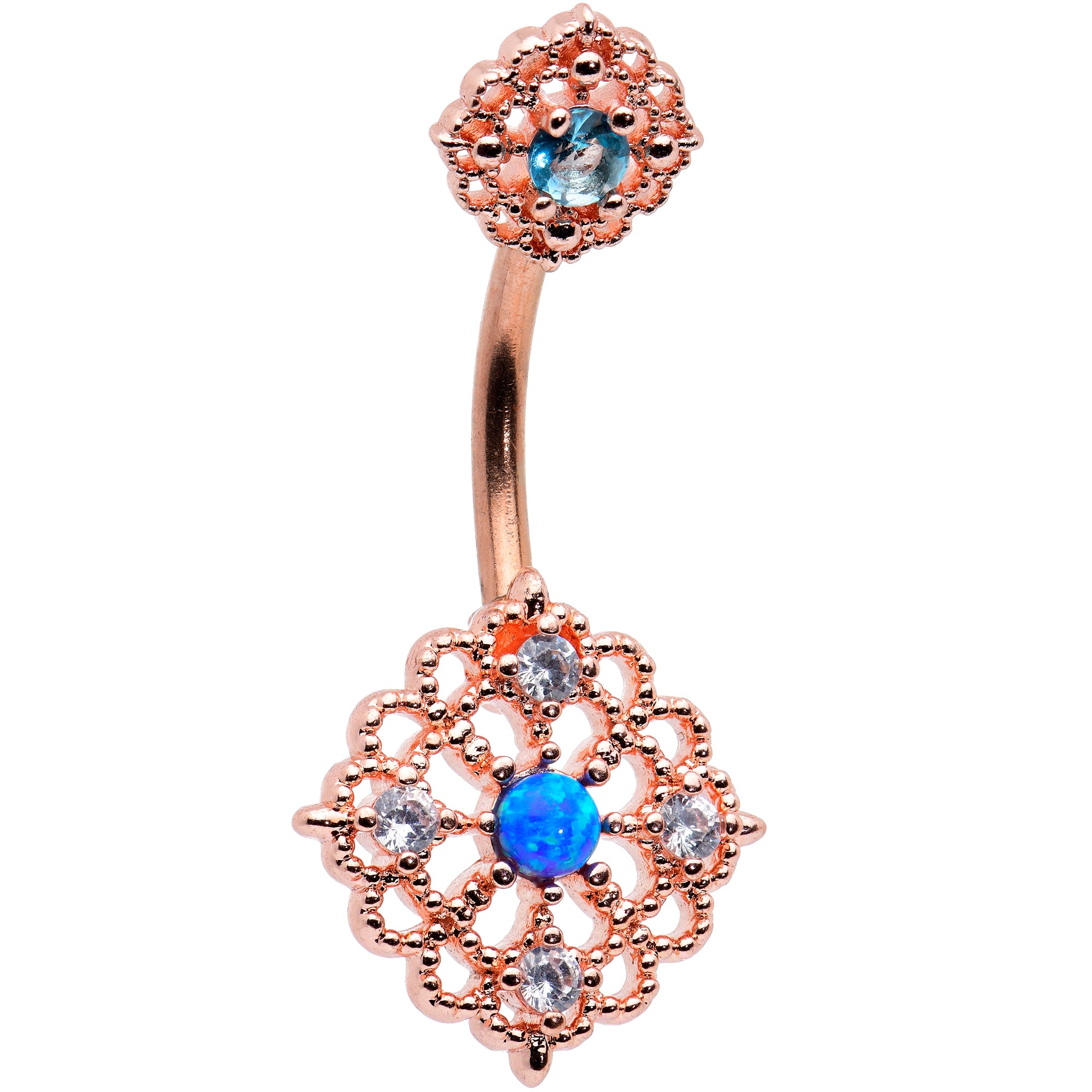 Blue Synthetic Opal Rose Gold Tone Lacy Double Mount Belly Ring