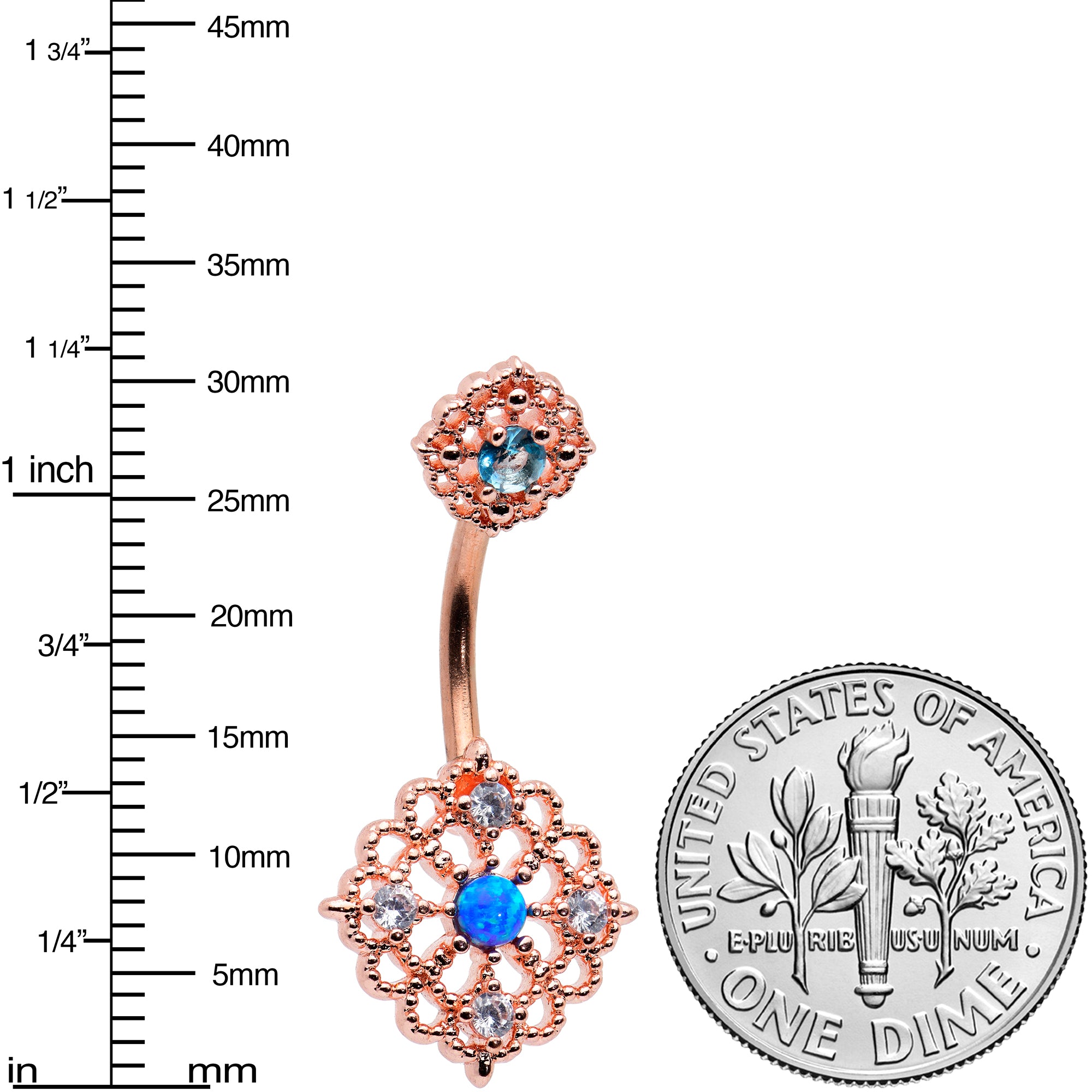 Blue Synthetic Opal Rose Gold Tone Lacy Double Mount Belly Ring