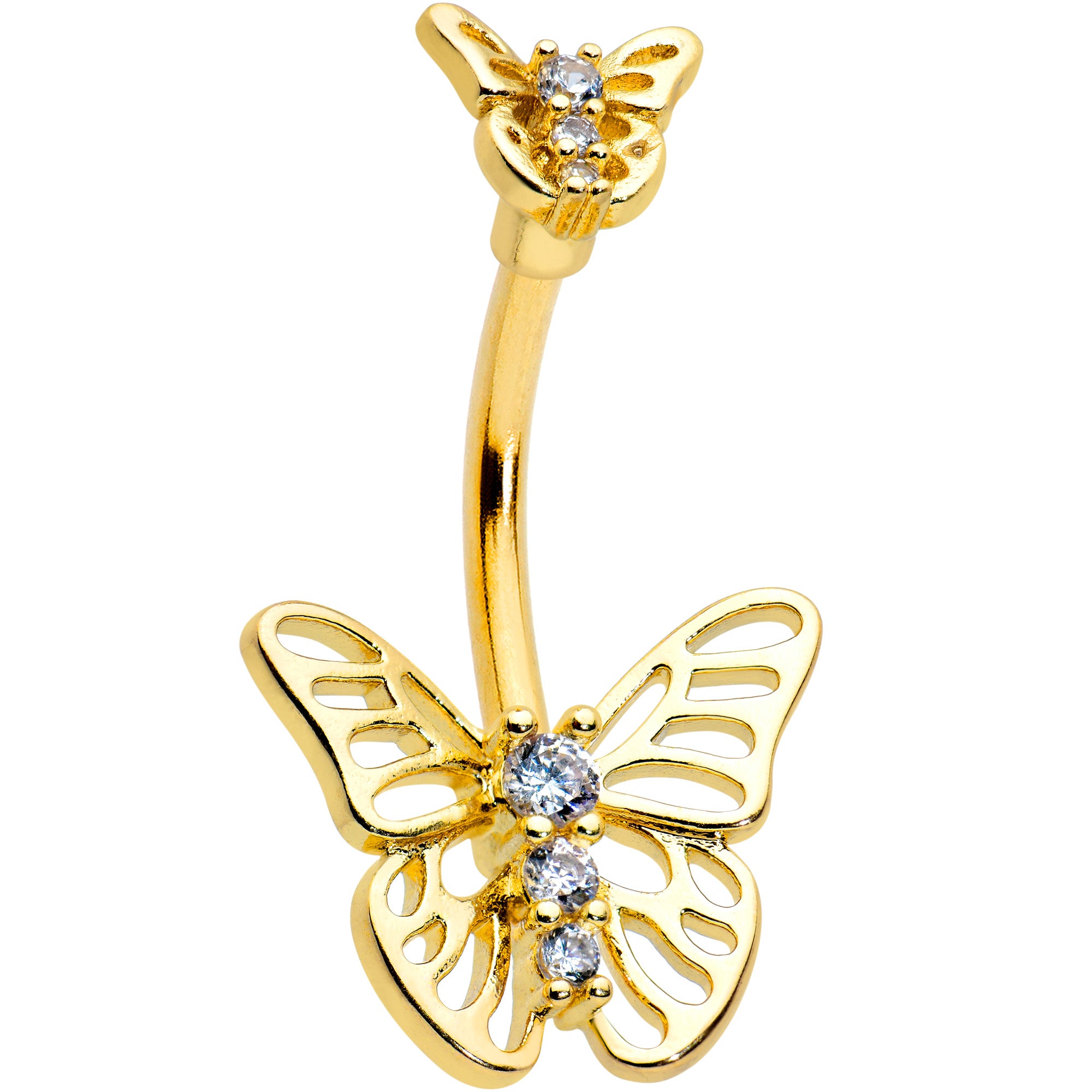 Clear CZ Gem Gold Tone Open Butterfly Double Mount Belly Ring