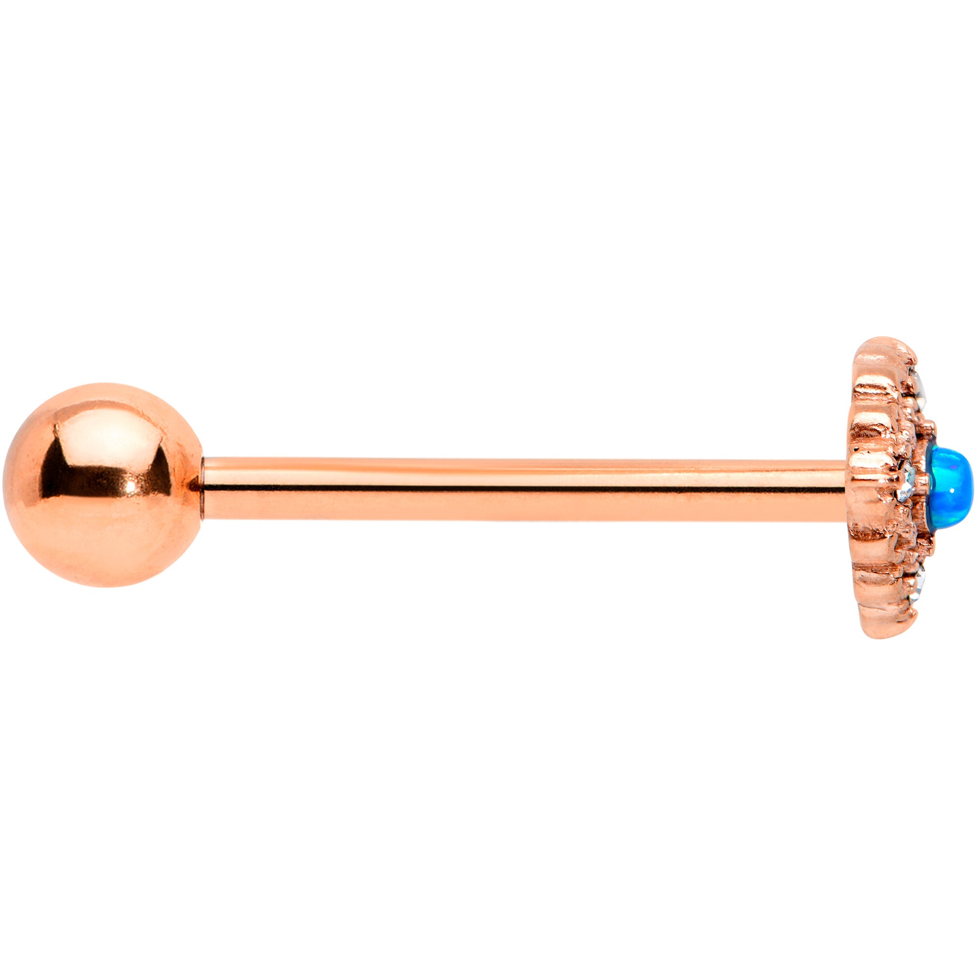 Blue Synthetic Opal Rose Gold Tone Lacy Barbell Tongue Ring