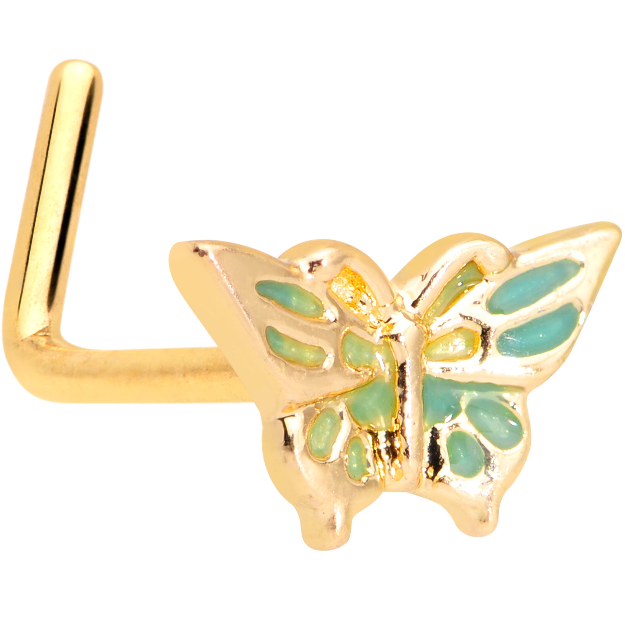 20 Gauge 7mm Gold Tone Green Inlay Butterfly L Shaped Nose Ring