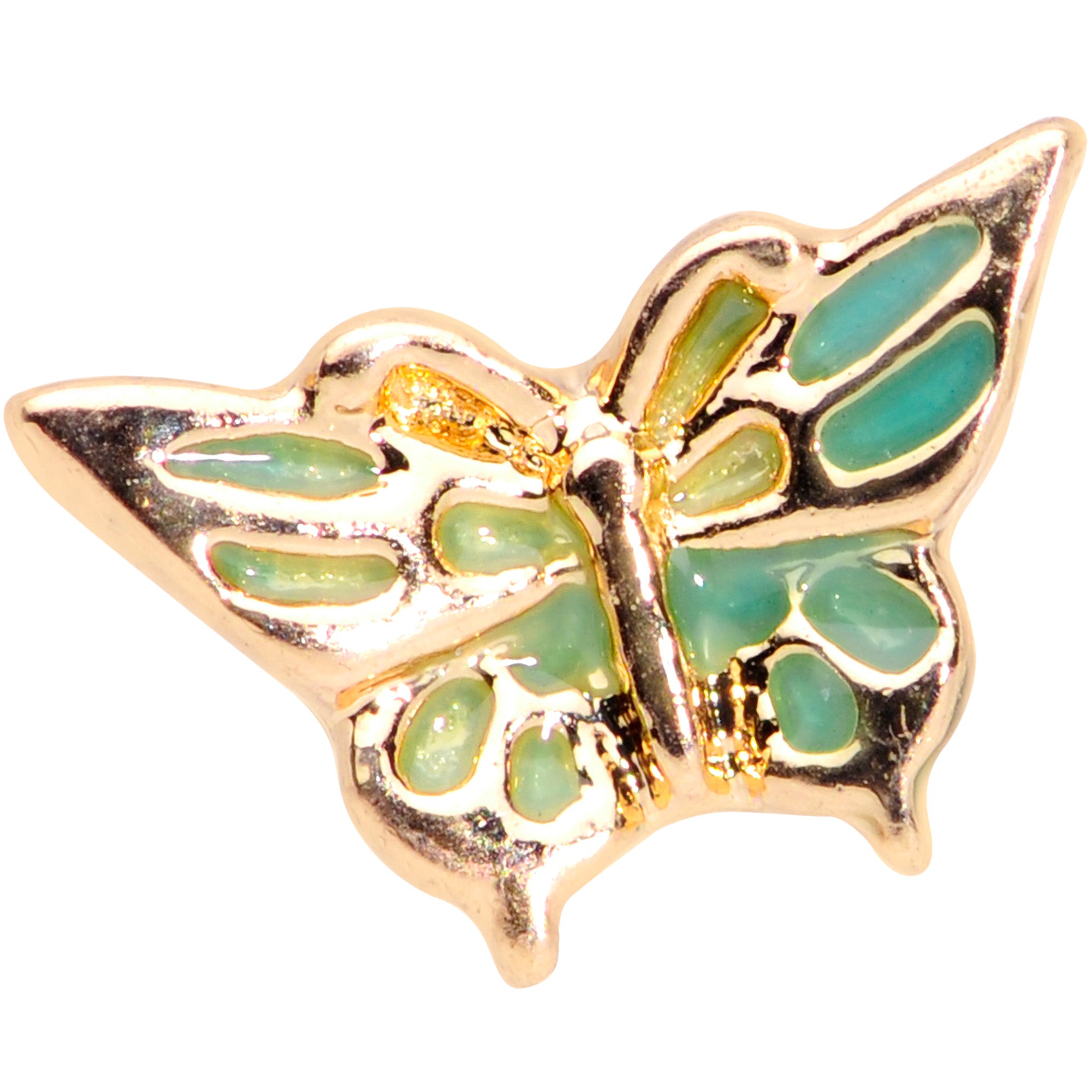 20 Gauge 7mm Gold Tone Green Inlay Butterfly L Shaped Nose Ring