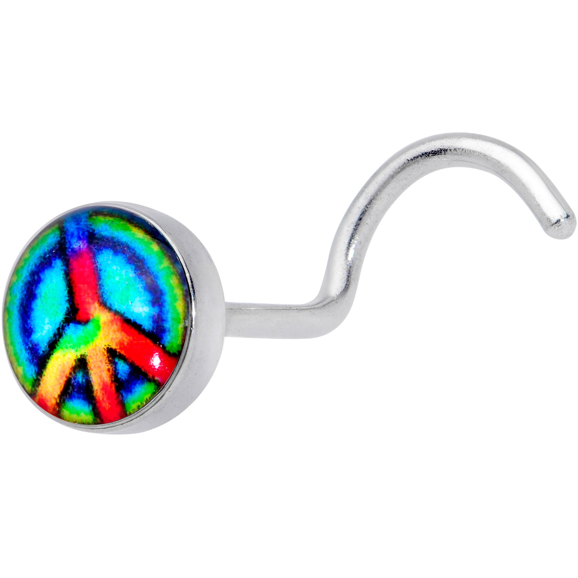 18 Gauge 1/4 Rainbow Tie Dye Peace Sign Left Nose Screw