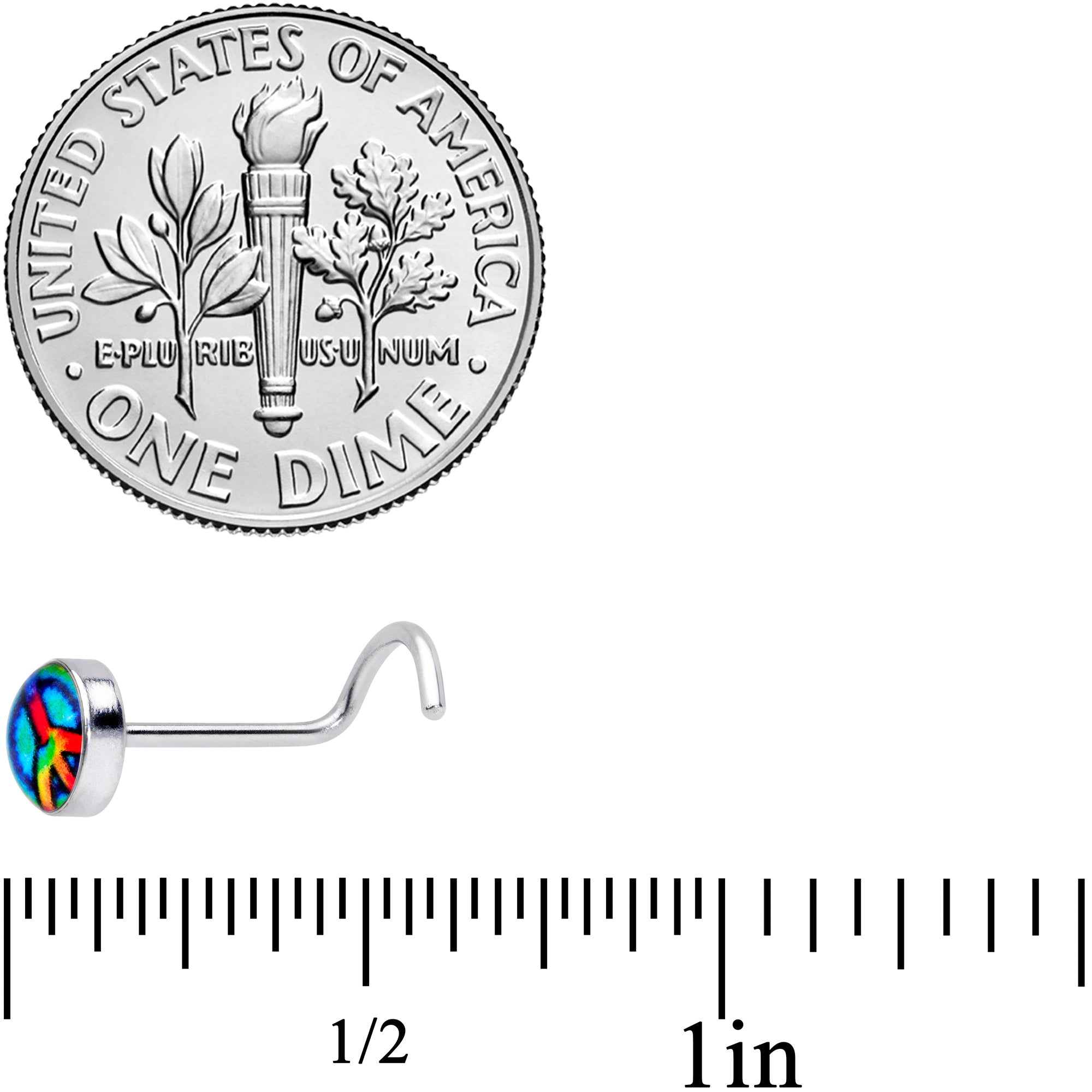 18 Gauge 1/4 Rainbow Tie Dye Peace Sign Left Nose Screw