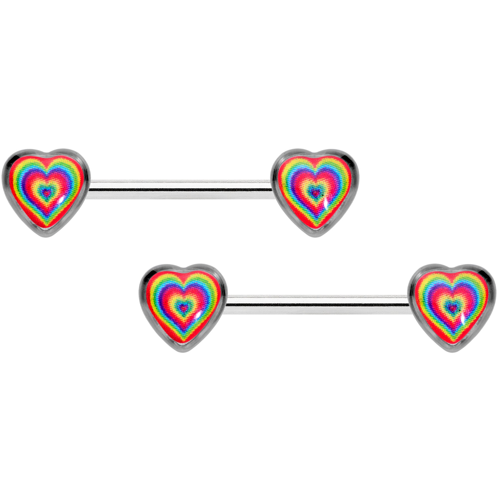 14 Gauge 9/16 Rainbow Tie Dye Heart Valentines Day Nipple Ring Set