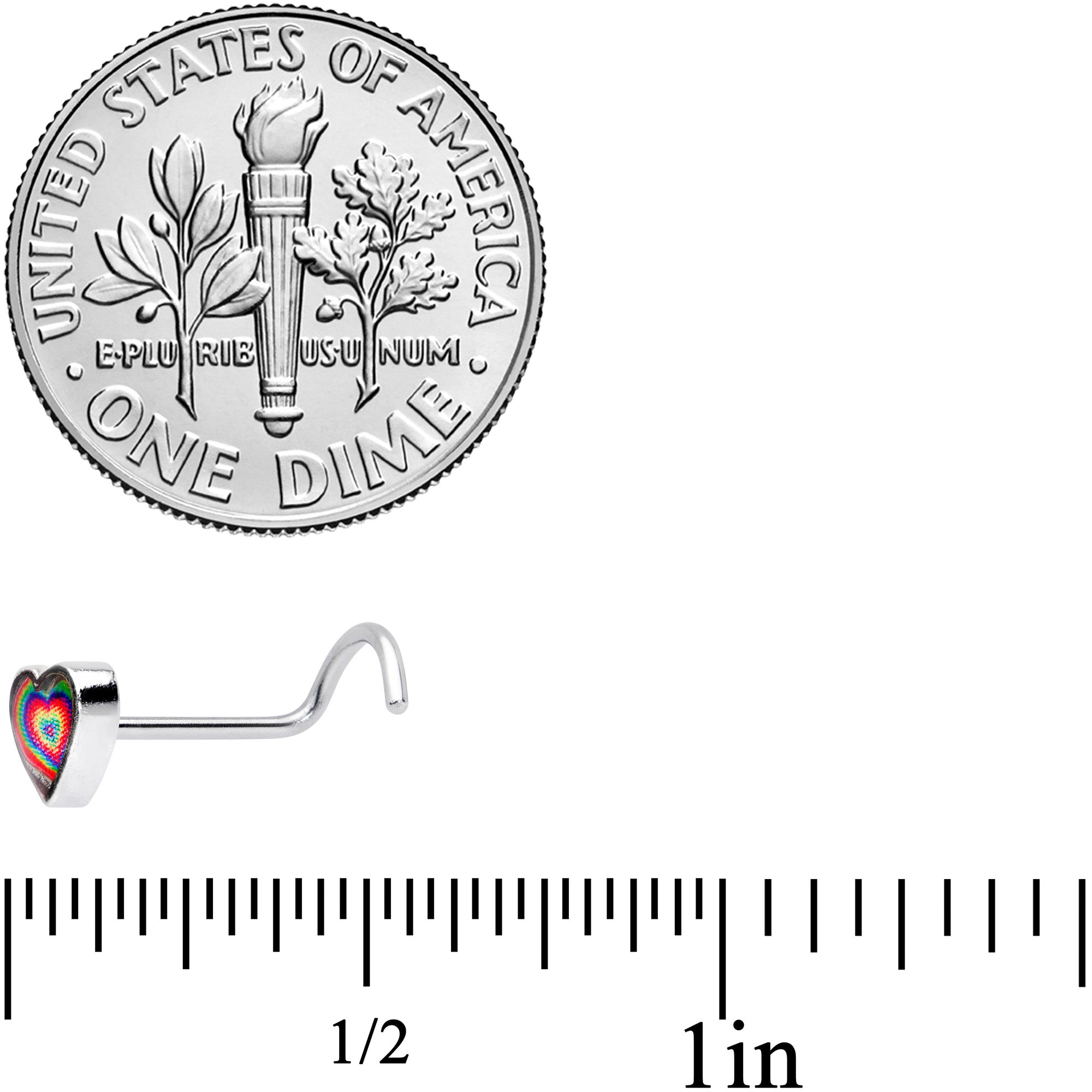 18 Gauge 1/4 Rainbow Tie Dye Heart Valentines Day Left Nose Screw