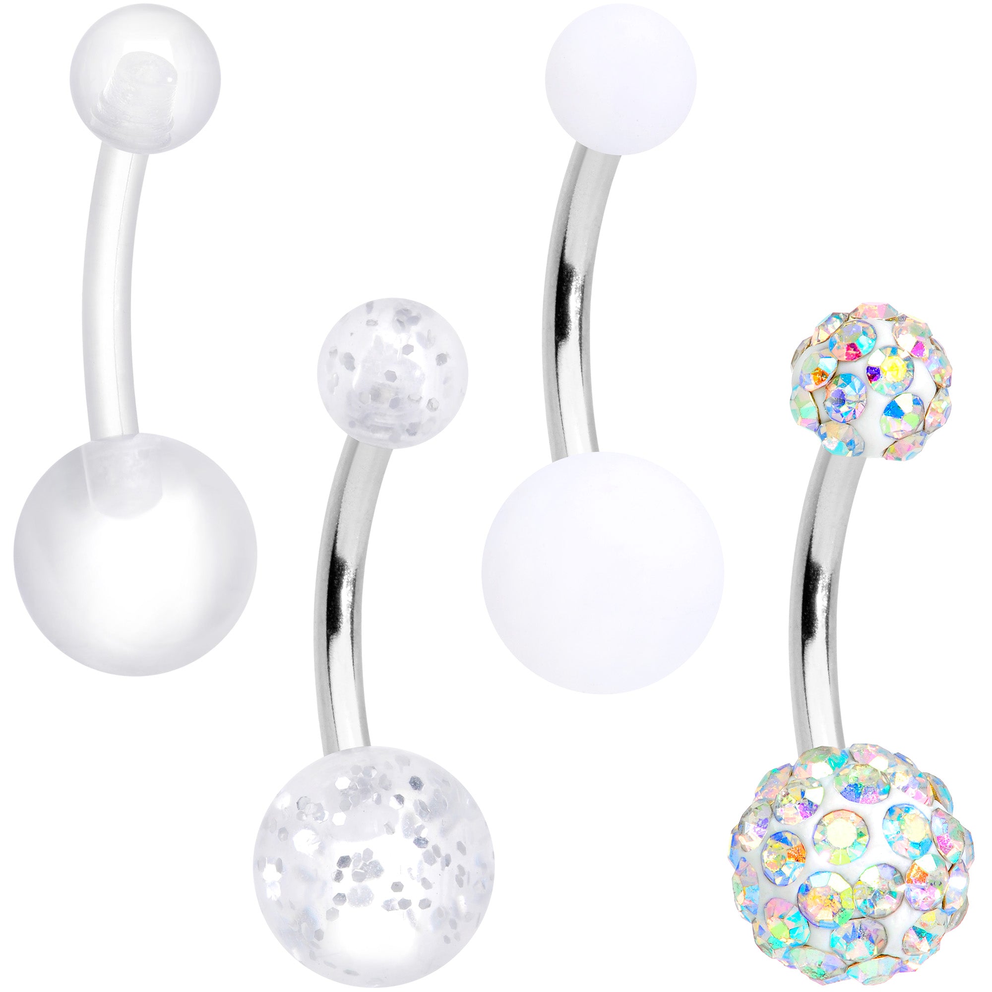 Aurora Gem White Matte UV Clear Glitter Belly Ring Set of 4