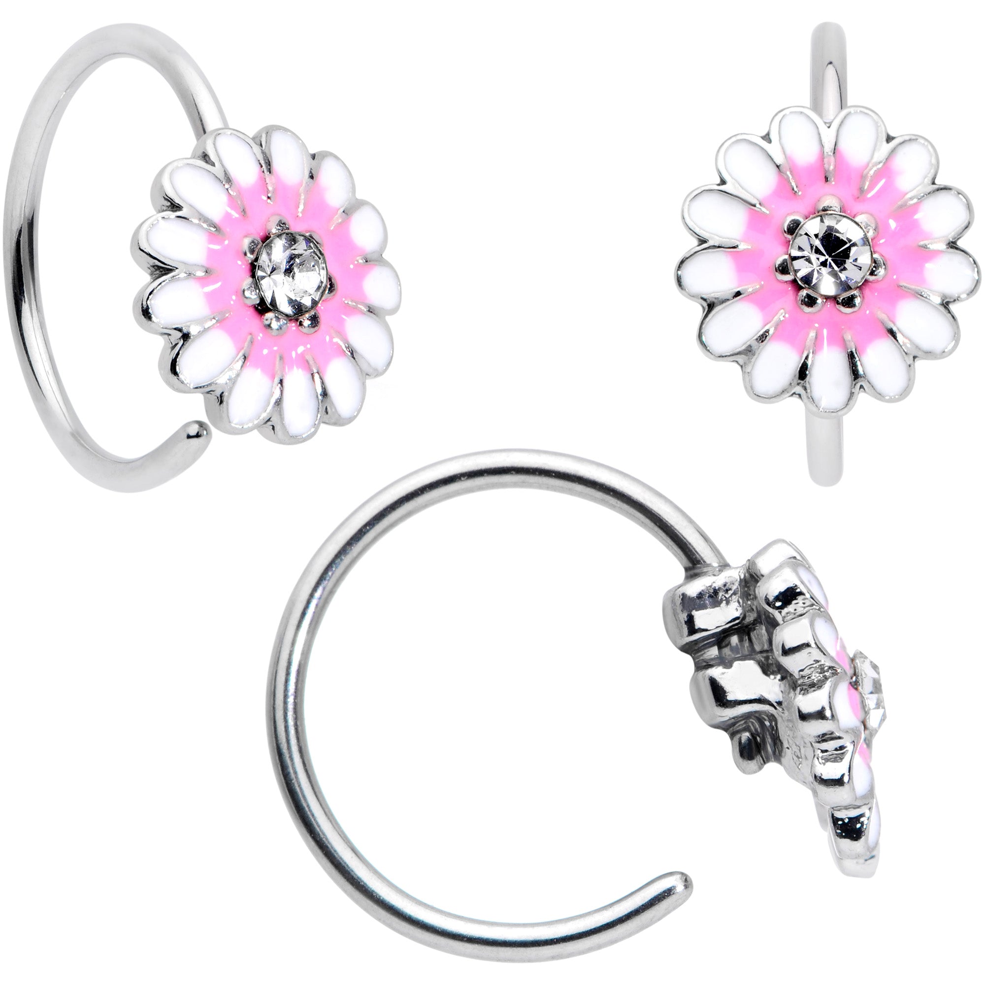 20 Gauge 5/16 1/4 Pink CZ Gem Daisy Nose Hoop Bone L Shape Set of 4