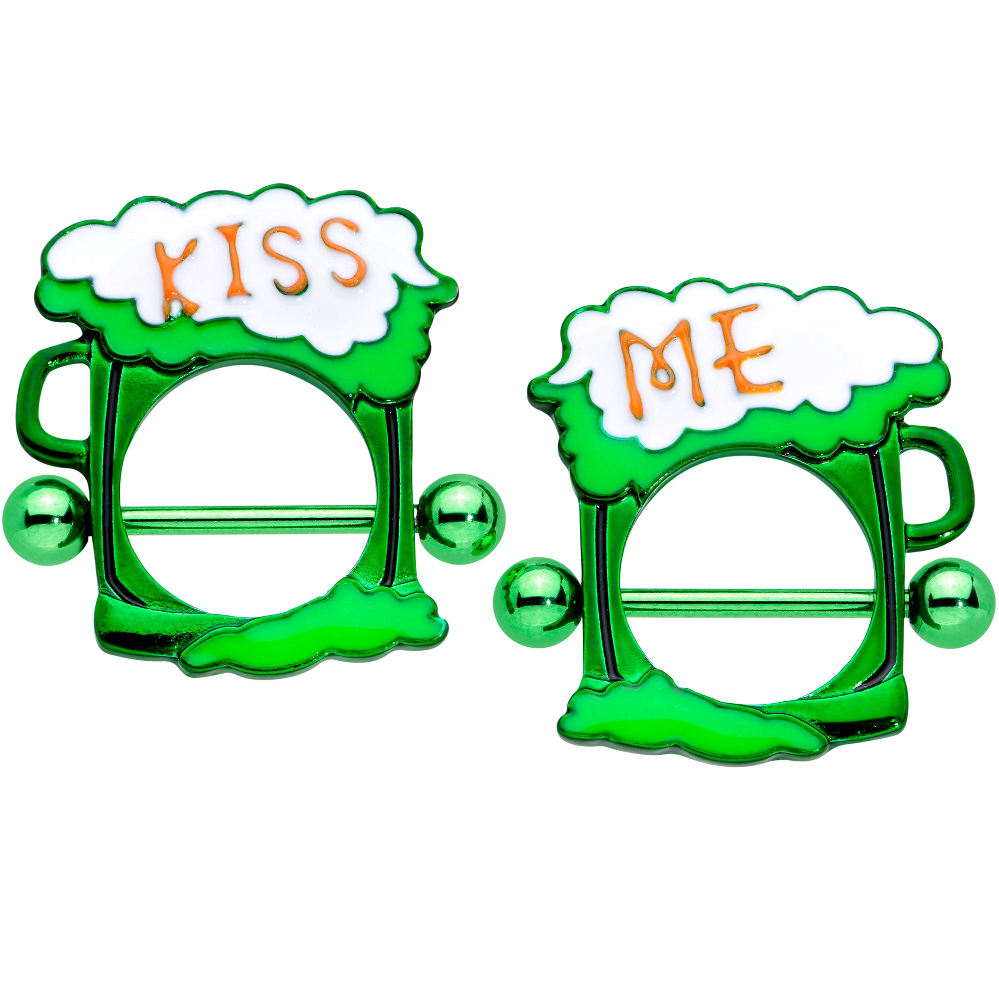 14 Gauge 9/16 Green Kiss Me St Patricks Day Beer Nipple Shield Set