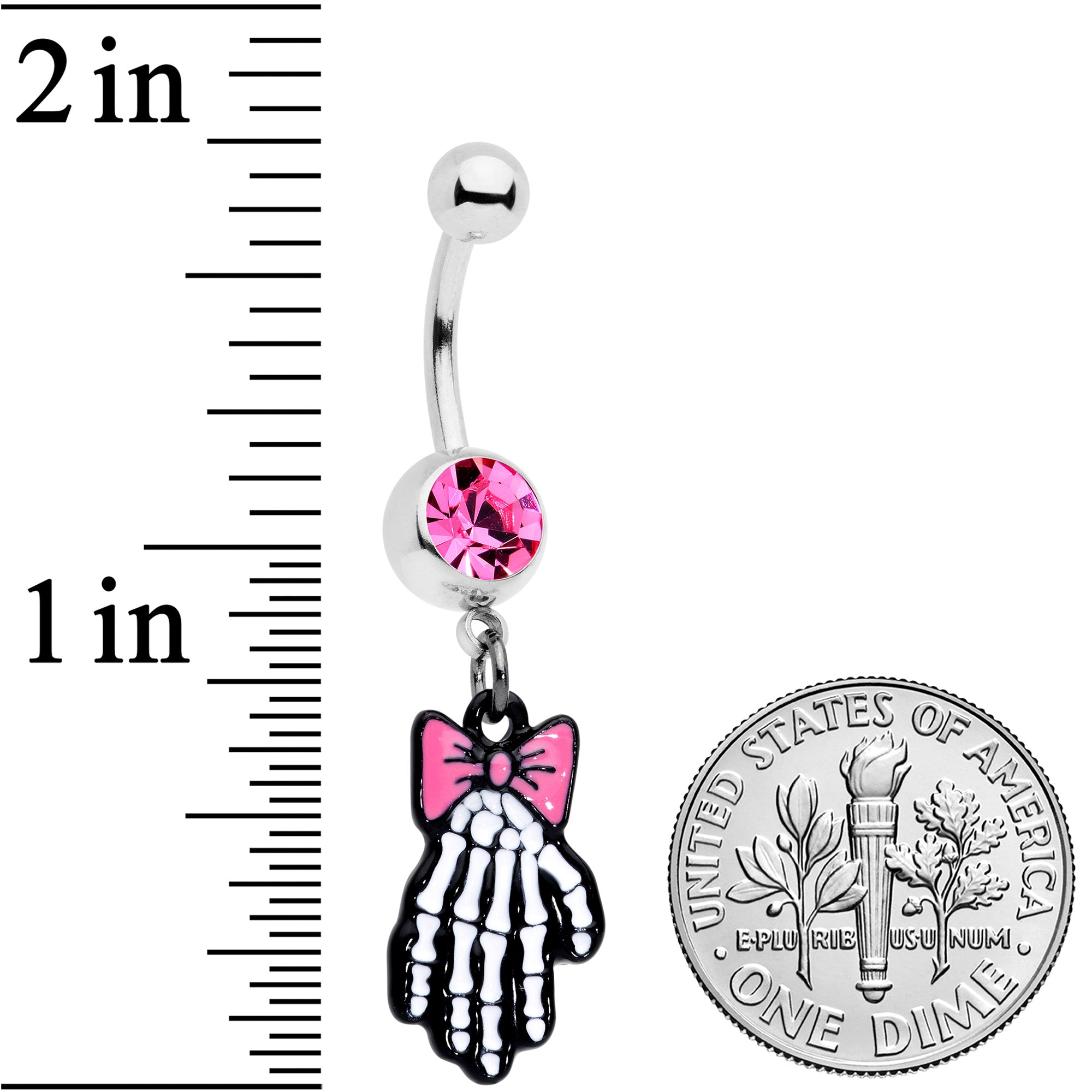 Pink Gem Skeleton Hand Bow Halloween Dangle Belly Ring