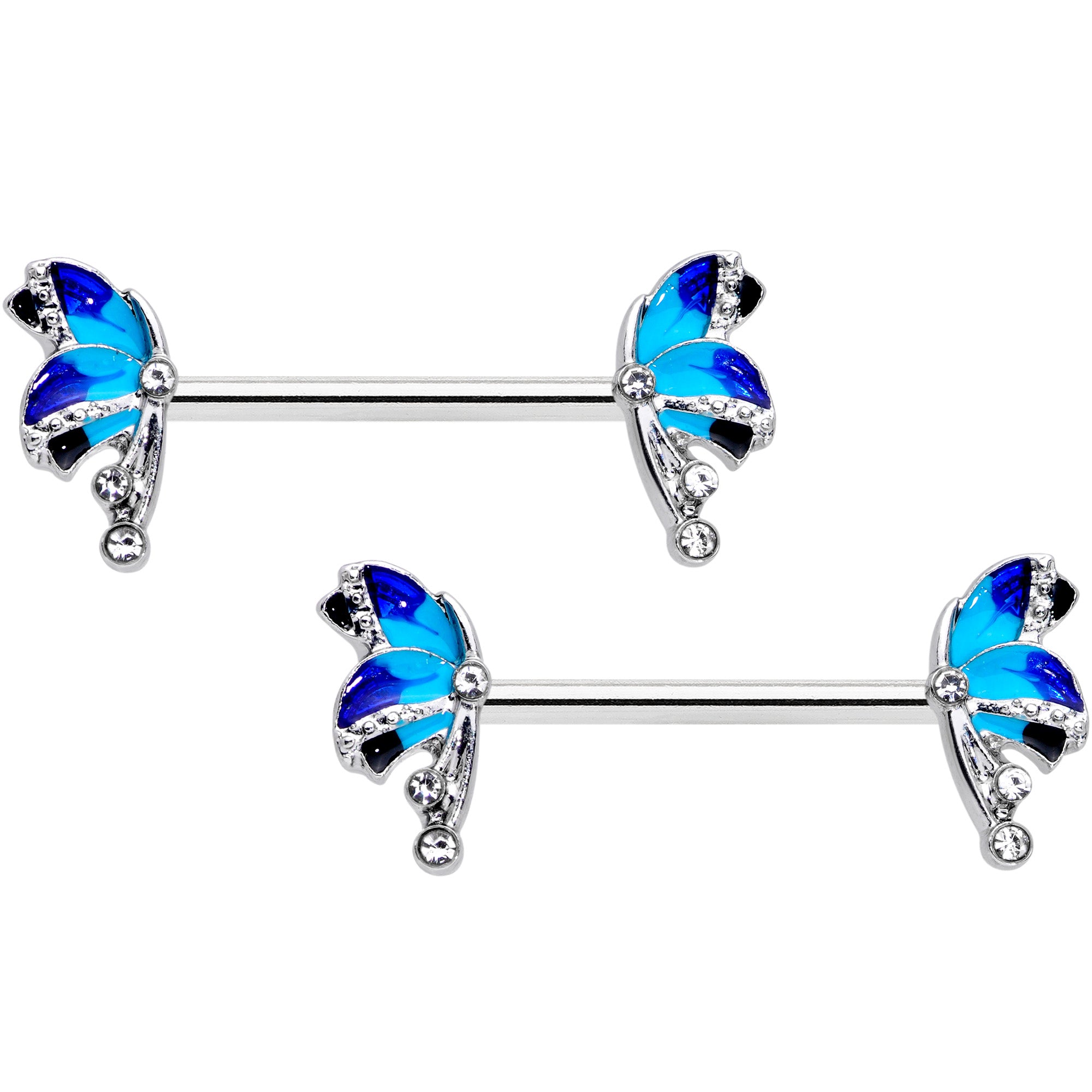 14 Gauge 9/16 Clear Gem Blue Butterfly Barbell Nipple Ring Set